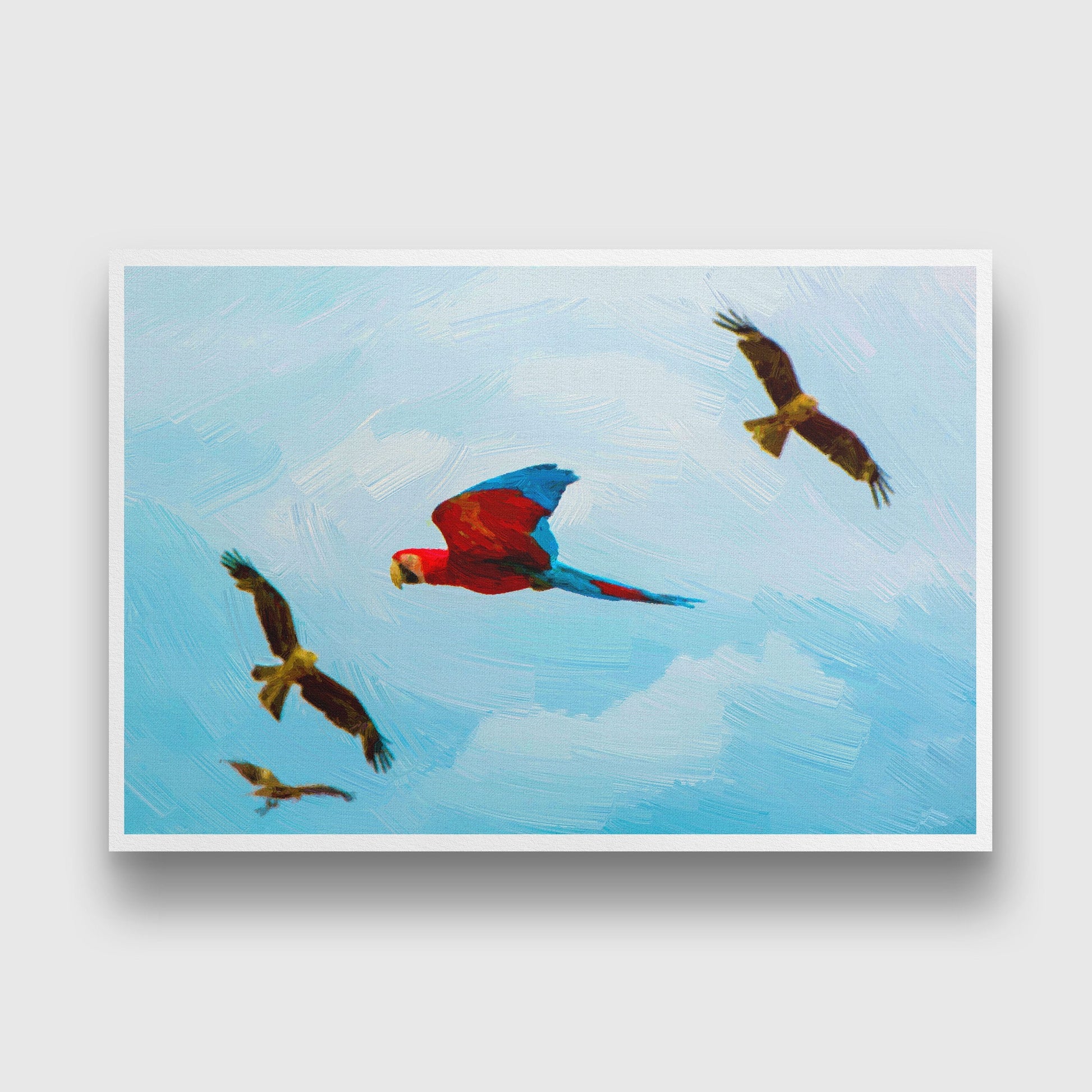 Colorful flying parrot Painting - Meri Deewar 3 : 2 Horizontal Premium Wall Art Canvas by MeriDeewar