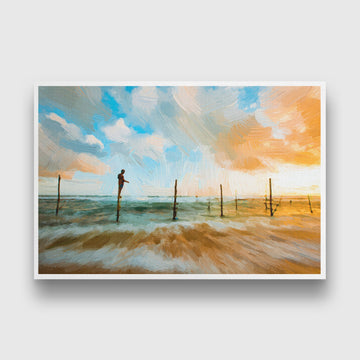 Colorful ocean beach sunrise with deep blue sky and sun rays Painting - Meri Deewar 3 : 2 Horizontal Premium Wall Art Canvas by MeriDeewar