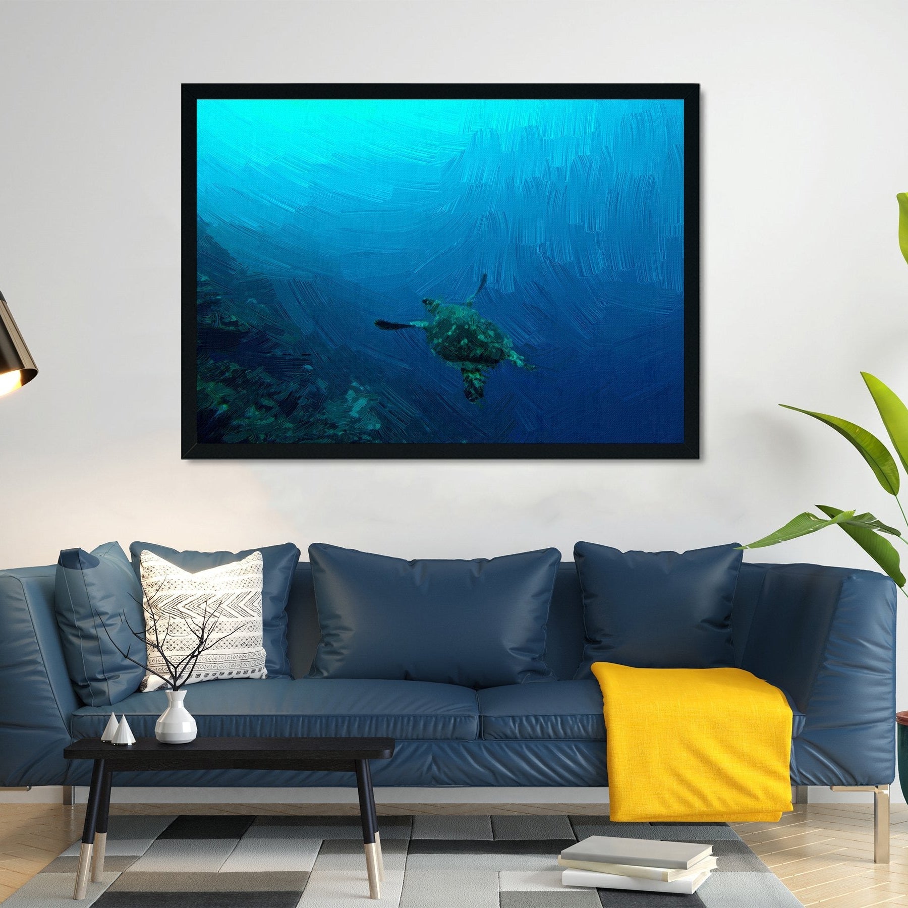 Colorful sea turtle swimming in the blue ocean painting - Meri Deewar 4 : 3 Horizontal Premium Wall Art Canvas by MeriDeewar