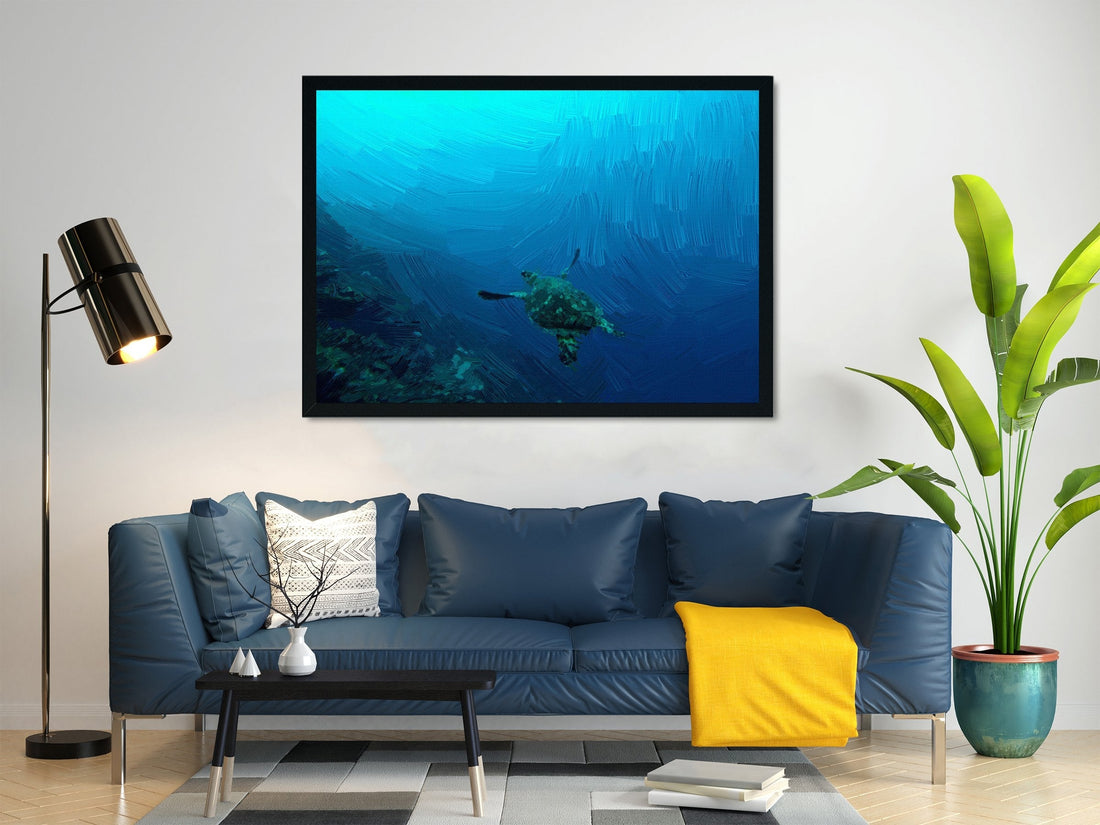 Colorful sea turtle swimming in the blue ocean painting - Meri Deewar 4 : 3 Horizontal Premium Wall Art Canvas by MeriDeewar