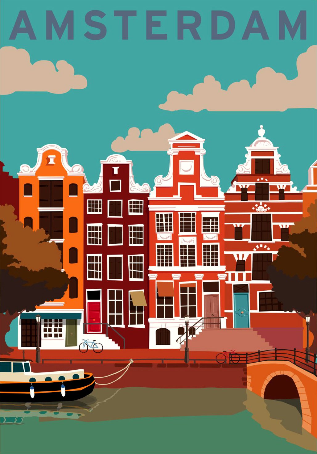 Colourful Amsterdam poster 3 : 4.2 Vertical Premium Wall Art Canvas by MeriDeewar