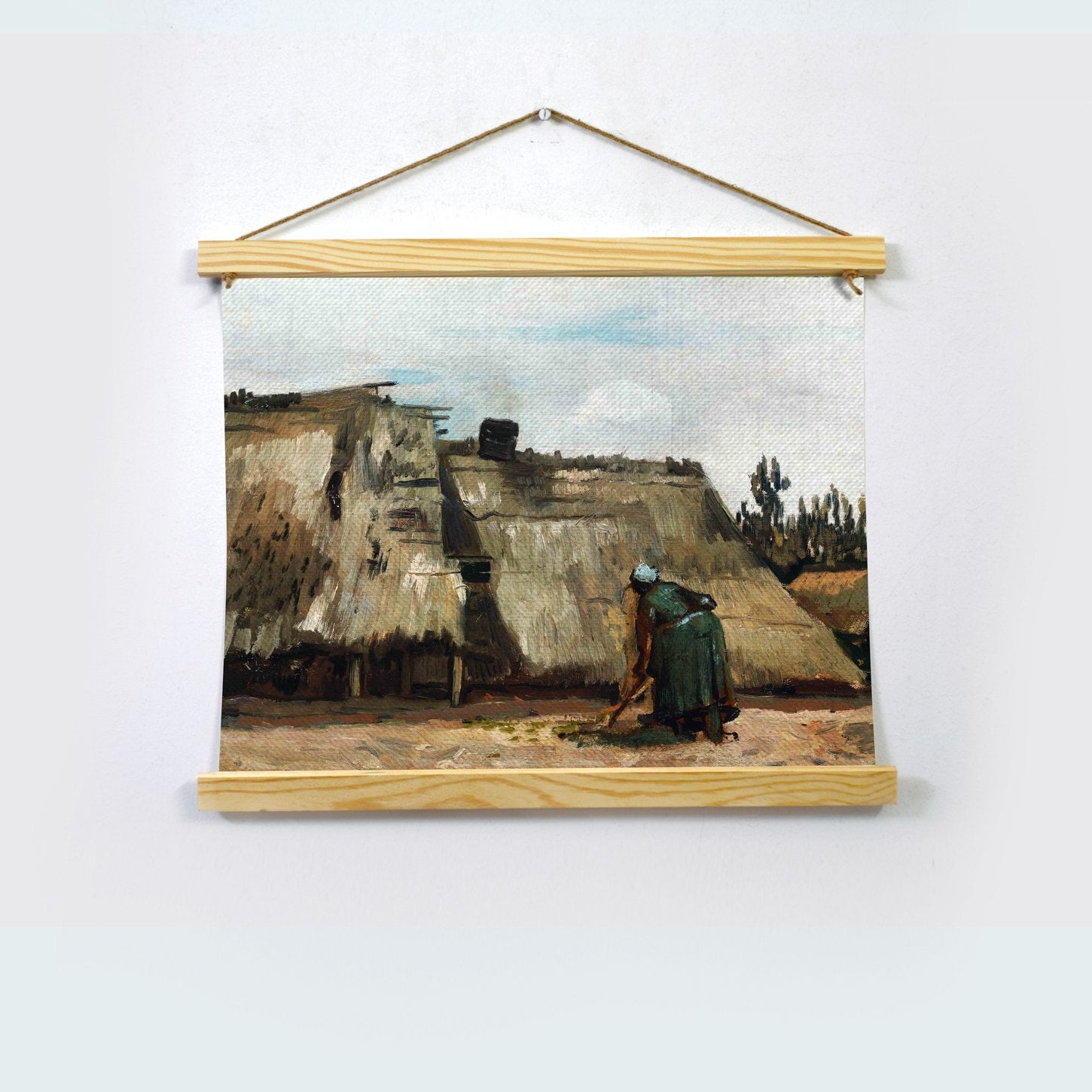 Cottage With Woman Digging By Van Gogh Hanging Canvas Painting - Meri Deewar Hanging Canvas Premium Wall Art Canvas by MeriDeewar