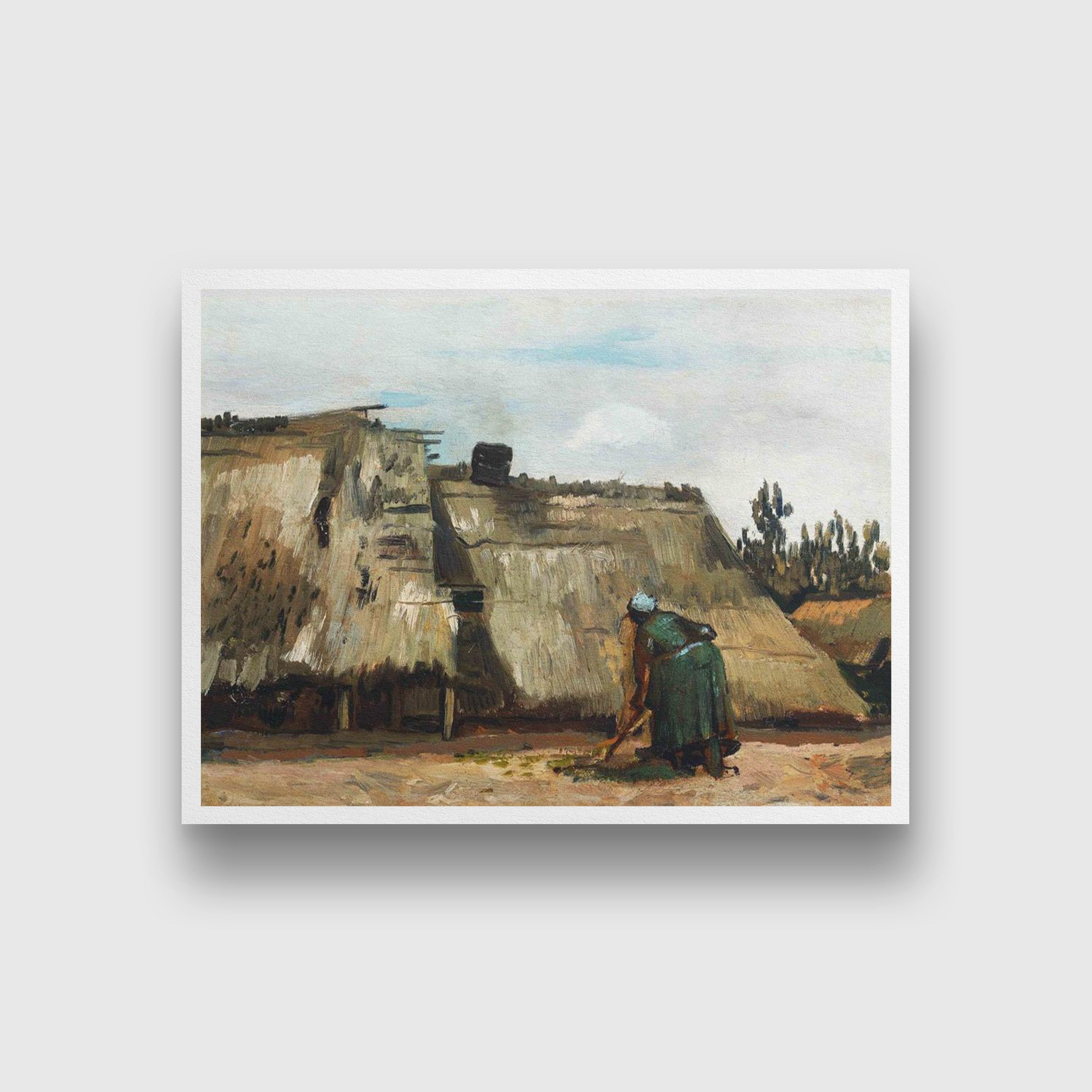 Cottage with Woman Digging By Van Gogh Painting - Meri Deewar 4 : 3 Horizontal Premium Wall Art Canvas by MeriDeewar