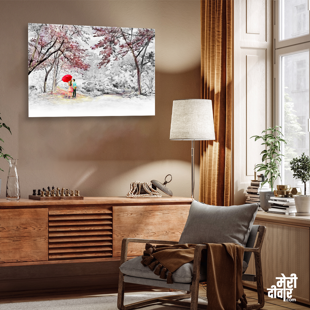 Couple in Beautiful Autumn Garden Wall Painting 3 : 2 Horizontal Premium Wall Art Canvas by MeriDeewar