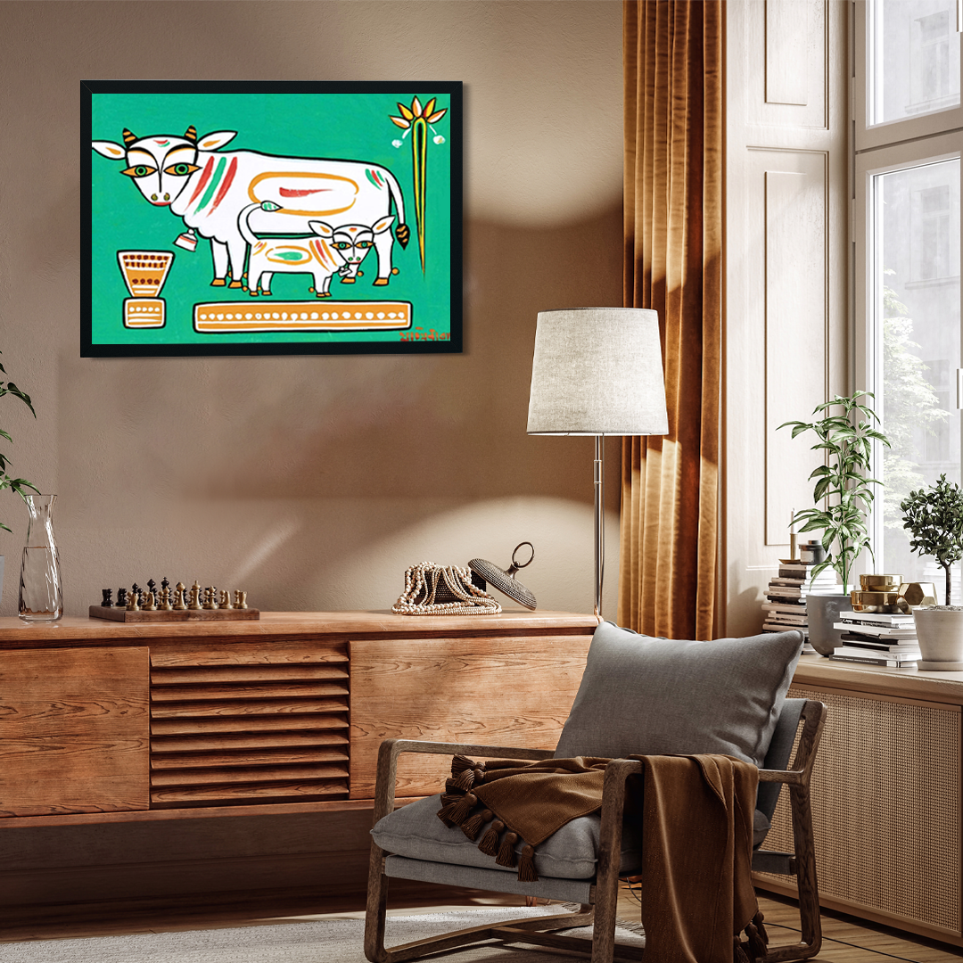 Cow with its Calf Painting 3 : 2 Horizontal Premium Wall Art Canvas by MeriDeewar