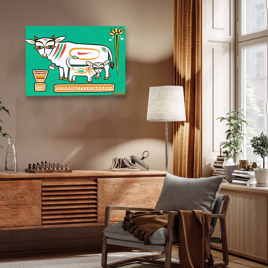 Cow with its Calf Painting 3 : 2 Horizontal Premium Wall Art Canvas by MeriDeewar