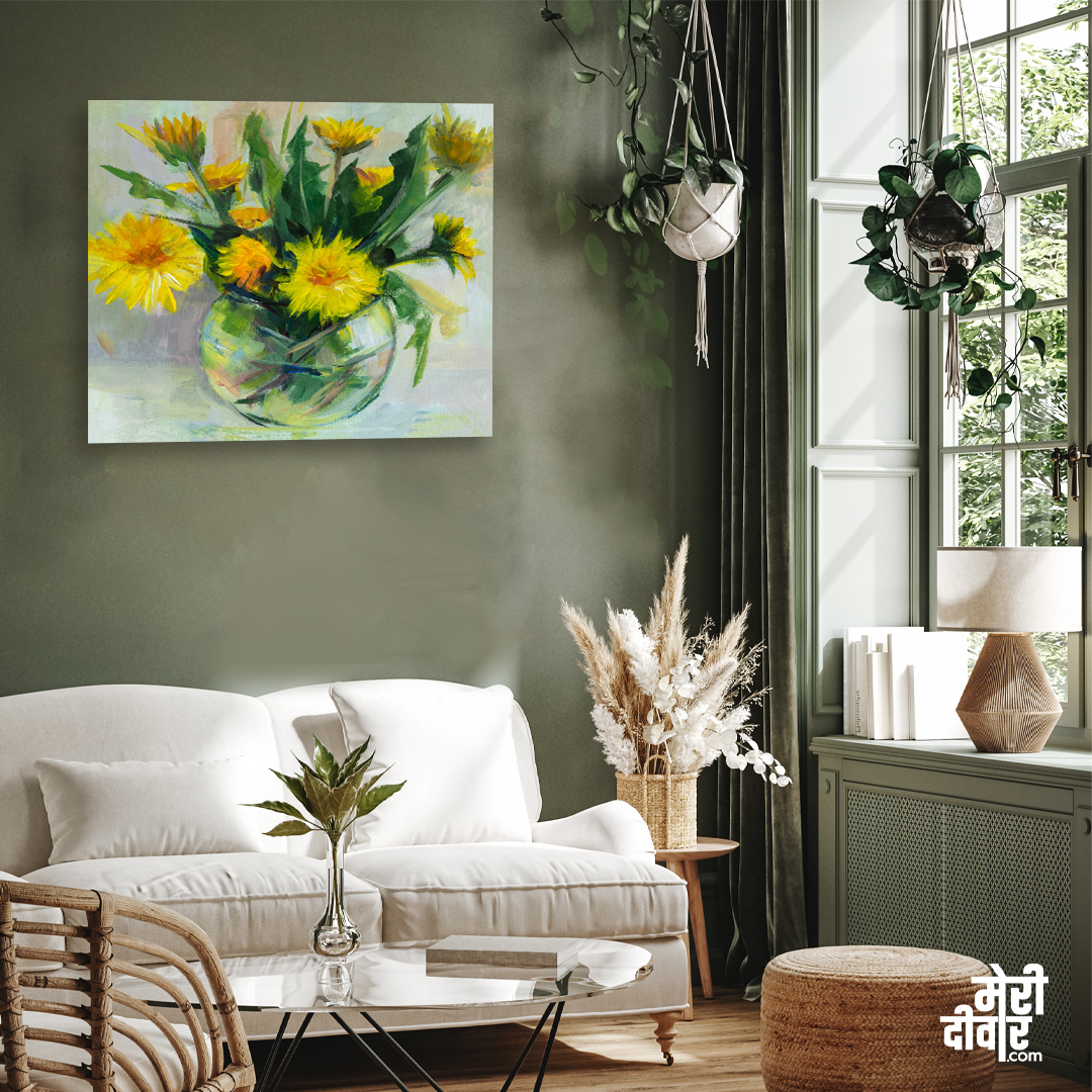 Dandelions Vase Acrylic Painting 2 : 3 Vertical Premium Wall Art Canvas by MeriDeewar