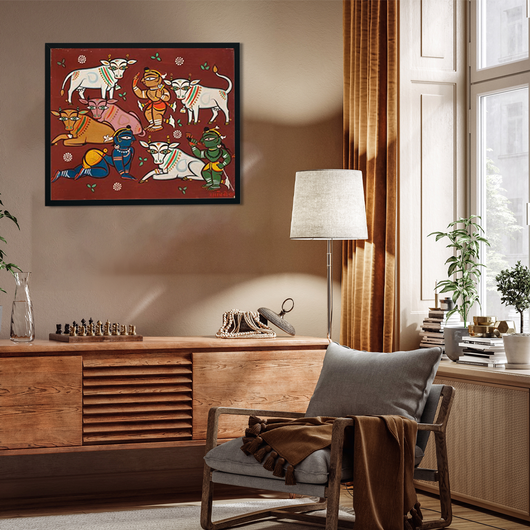 Deities And Cows Painting 4 : 3 Horizontal Premium Wall Art Canvas by MeriDeewar