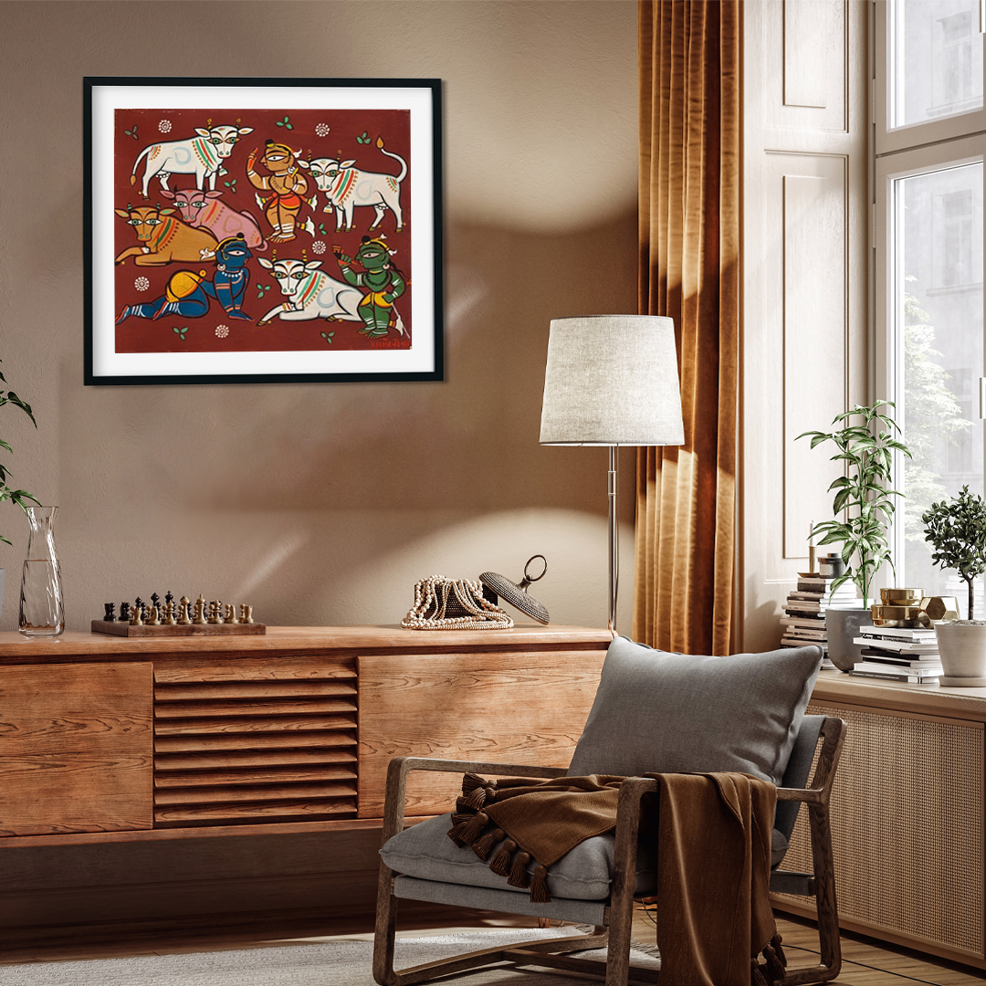 Deities And Cows Painting 4 : 3 Horizontal Premium Wall Art Canvas by MeriDeewar
