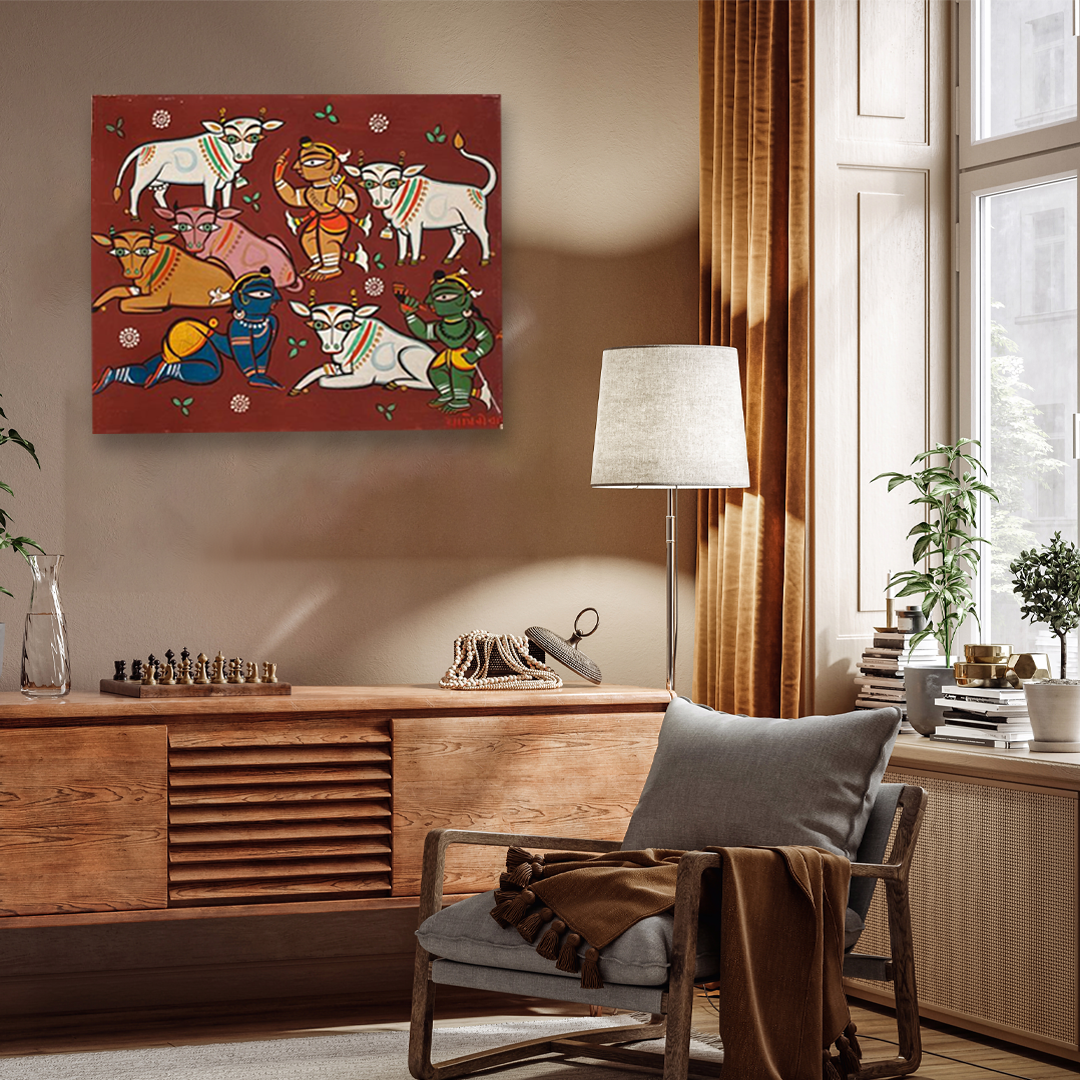 Deities And Cows Painting 4 : 3 Horizontal Premium Wall Art Canvas by MeriDeewar