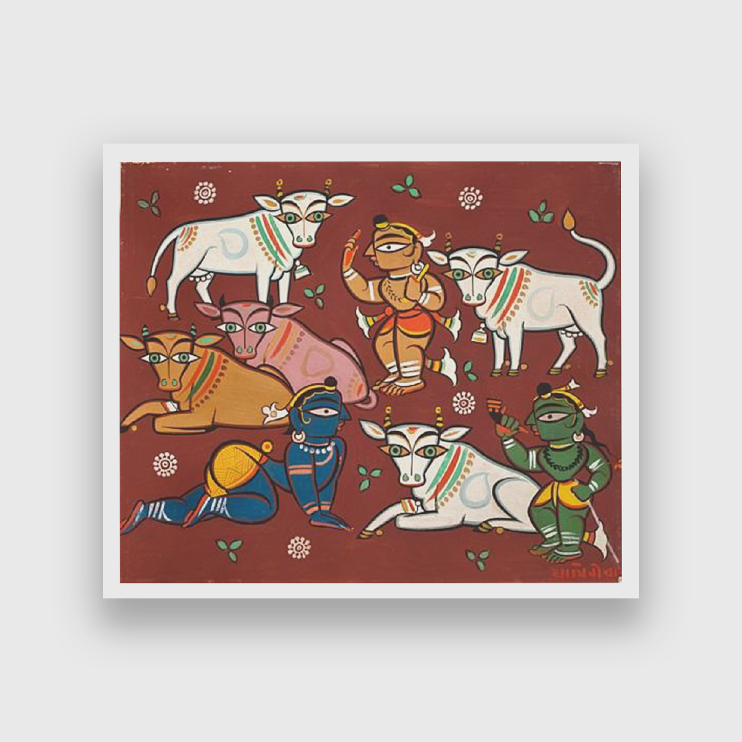Deities And Cows Painting 4 : 3 Horizontal Premium Wall Art Canvas by MeriDeewar