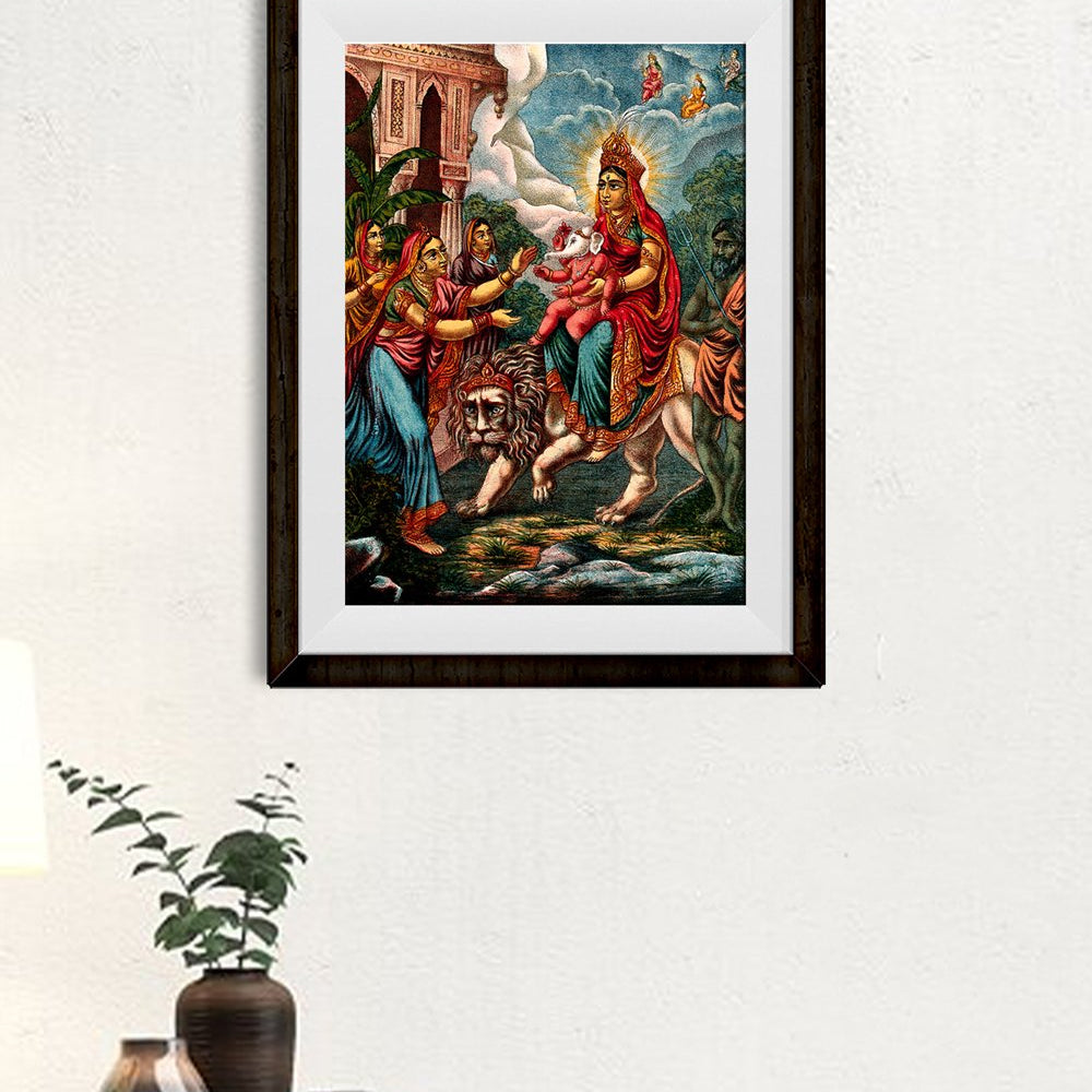 Durga riding on a lion with Ganesha Painting - Meri Deewar 3 : 4.2 Vertical Premium Wall Art Canvas by MeriDeewar