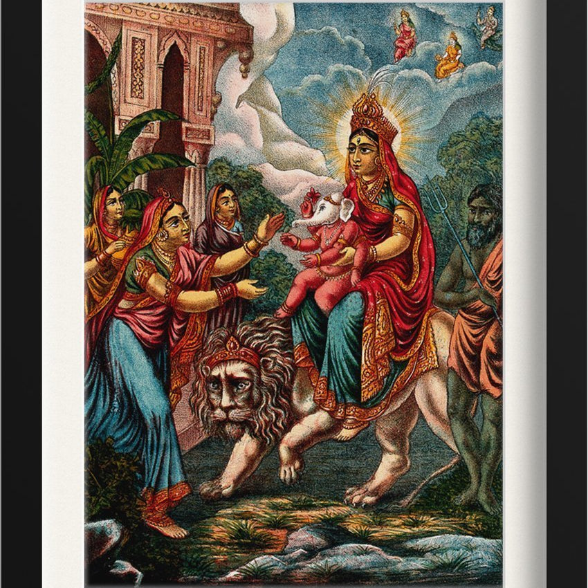 Durga riding on a lion with Ganesha Painting - Meri Deewar 3 : 4.2 Vertical Premium Wall Art Canvas by MeriDeewar