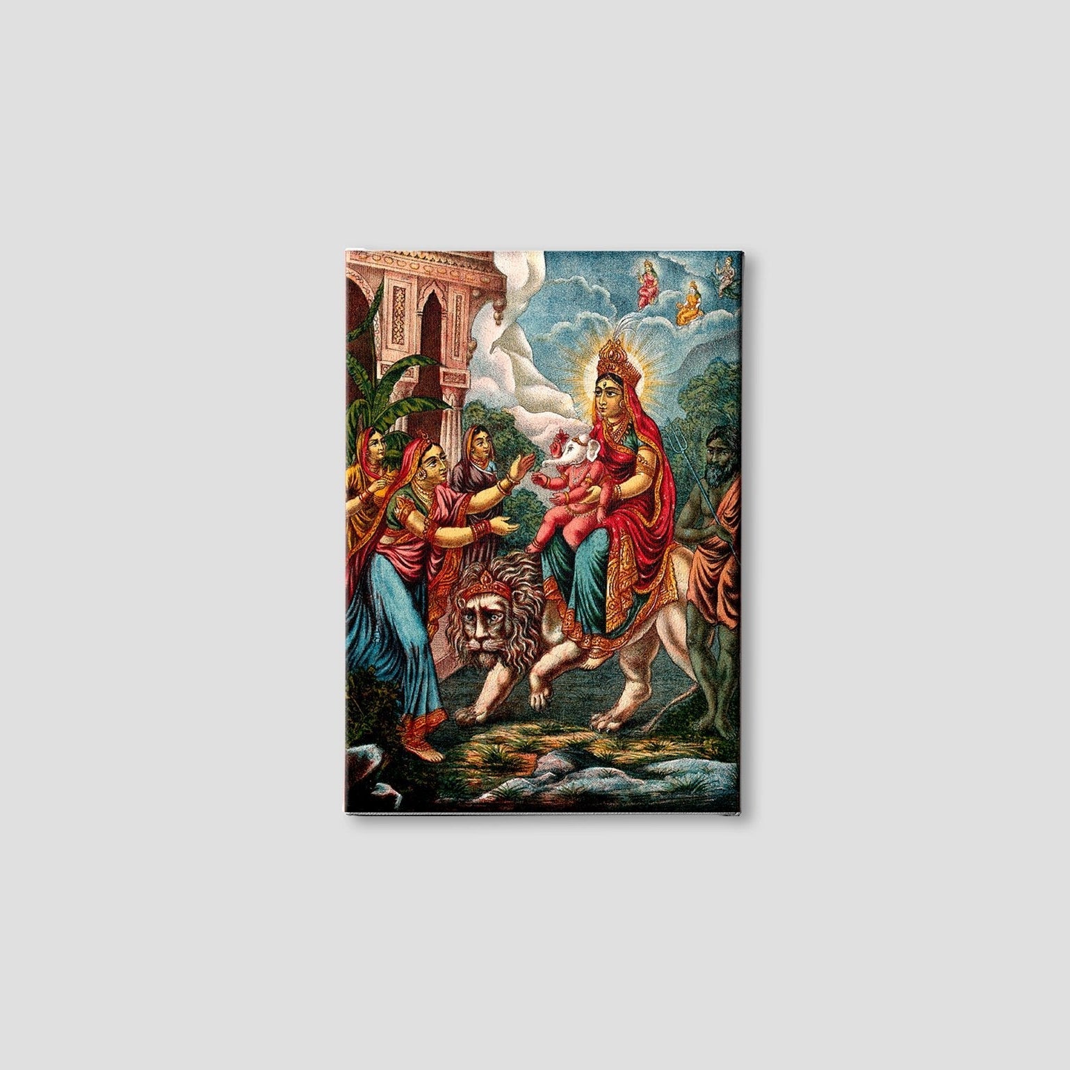 Durga riding on a lion with Ganesha Painting - Meri Deewar 3 : 4.2 Vertical Premium Wall Art Canvas by MeriDeewar
