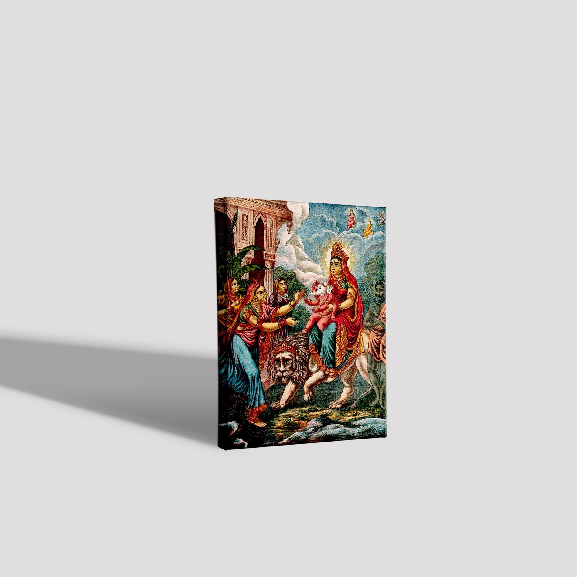 Durga riding on a lion with Ganesha Painting - Meri Deewar 3 : 4.2 Vertical Premium Wall Art Canvas by MeriDeewar