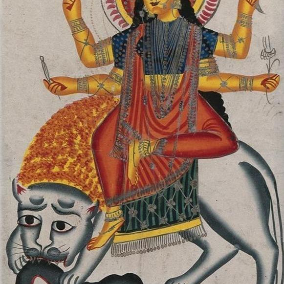 Durga-riding-on-her-lion-killing-a-demon Painting - Meri Deewar 2 : 3 Vertical Premium Wall Art Canvas by MeriDeewar