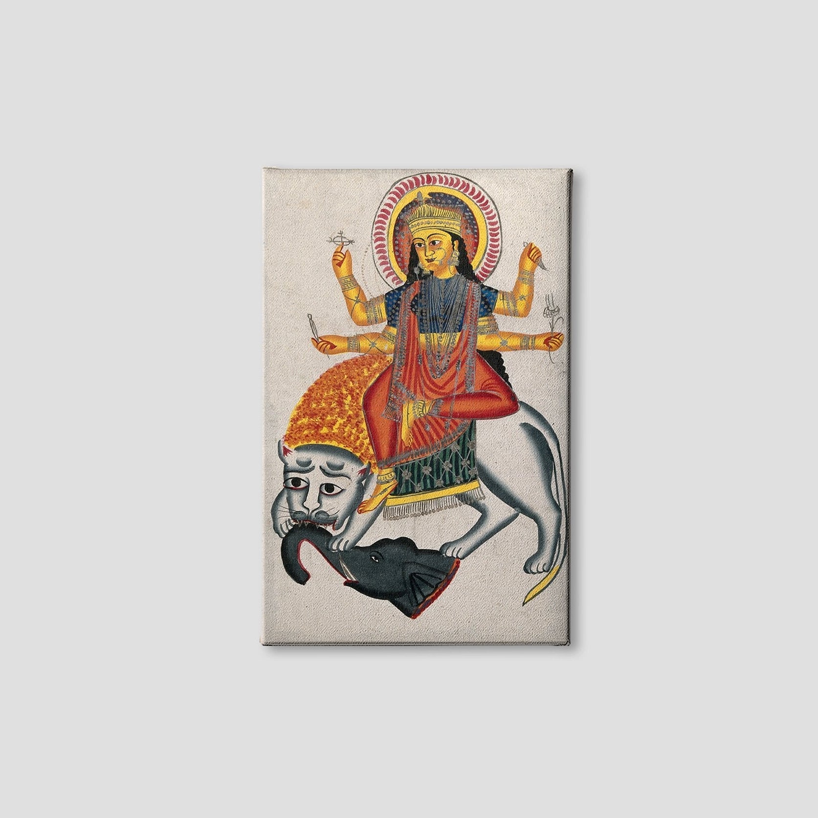 Durga-riding-on-her-lion-killing-a-demon Painting - Meri Deewar 2 : 3 Vertical Premium Wall Art Canvas by MeriDeewar