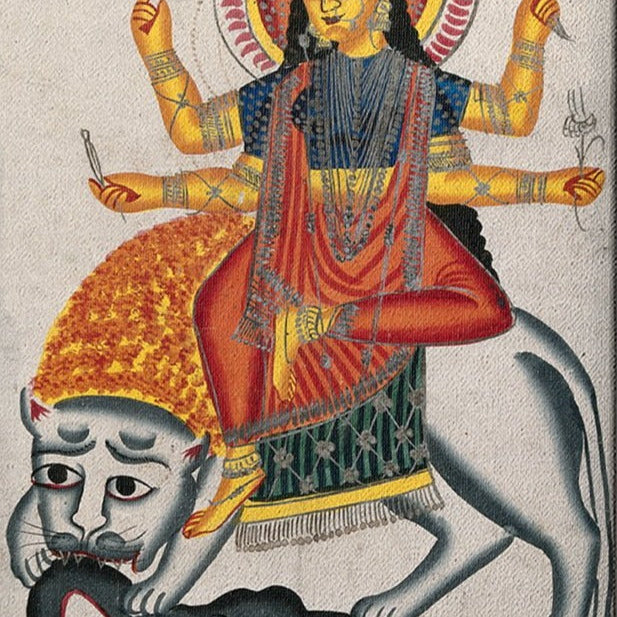 Durga-riding-on-her-lion-killing-a-demon Painting - Meri Deewar 2 : 3 Vertical Premium Wall Art Canvas by MeriDeewar