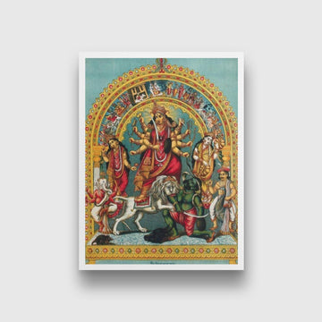 Durga slaying the buffalo demon Mahishasura Painting - Meri Deewar 3 : 4 Vertical Premium Wall Art Canvas by MeriDeewar