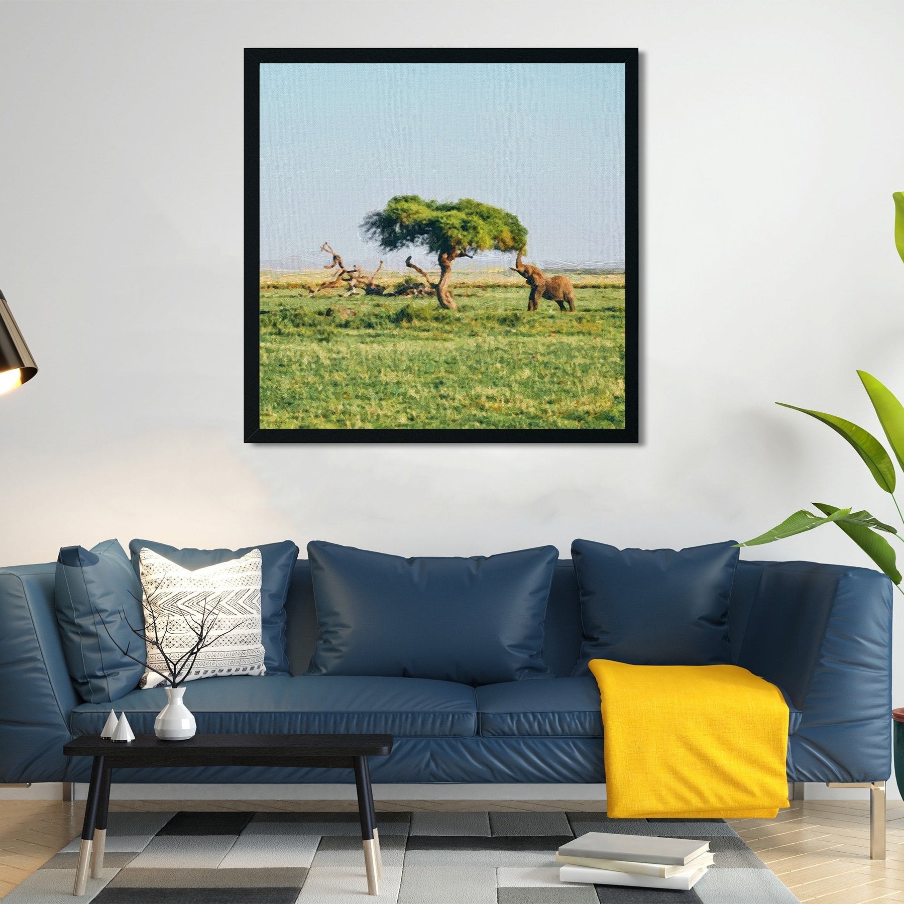Elephant is standing near the acacia tree Painting - Meri Deewar 1 : 1 Square Premium Wall Art Canvas by MeriDeewar