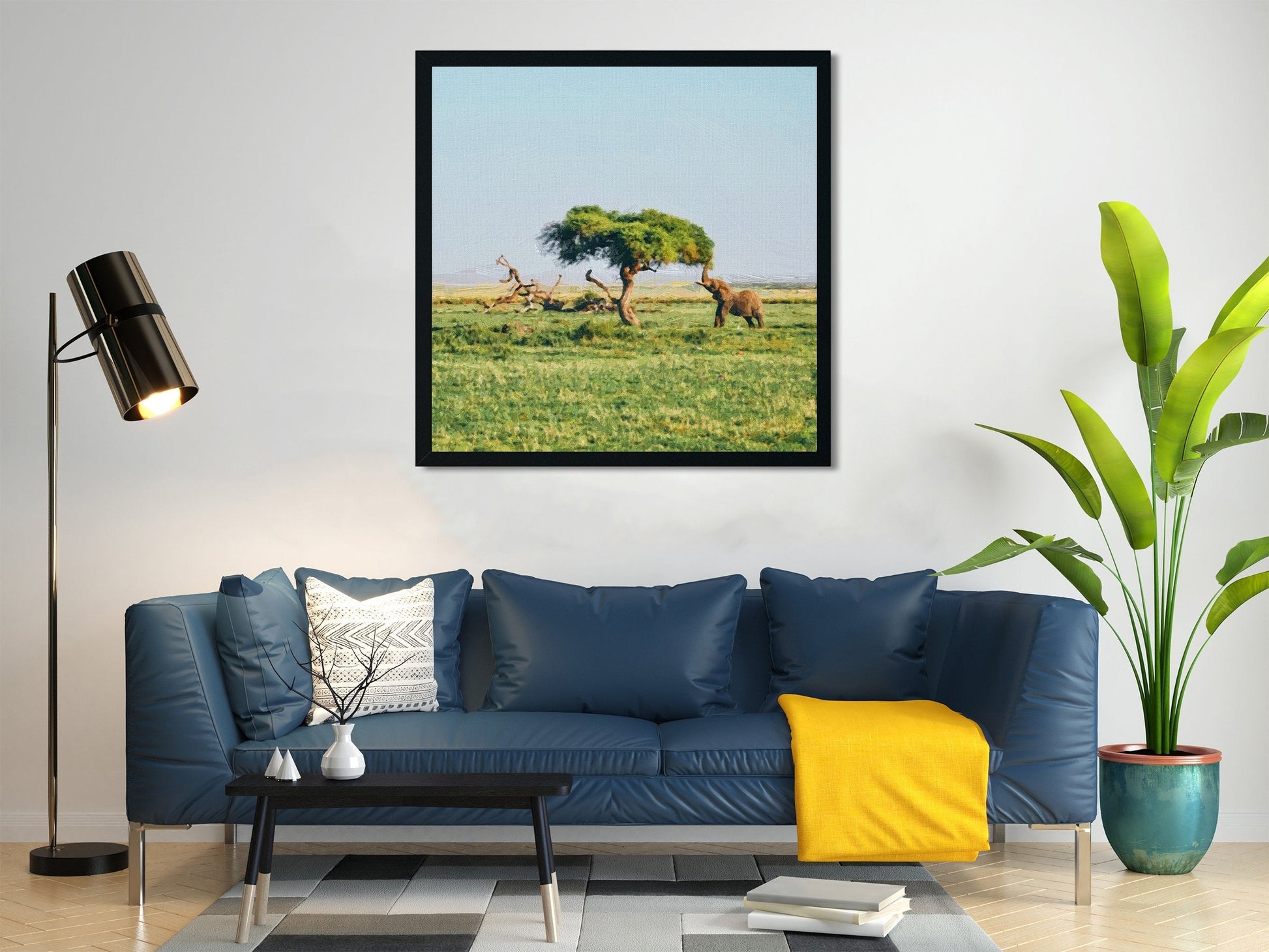 Elephant is standing near the acacia tree Painting - Meri Deewar 1 : 1 Square Premium Wall Art Canvas by MeriDeewar