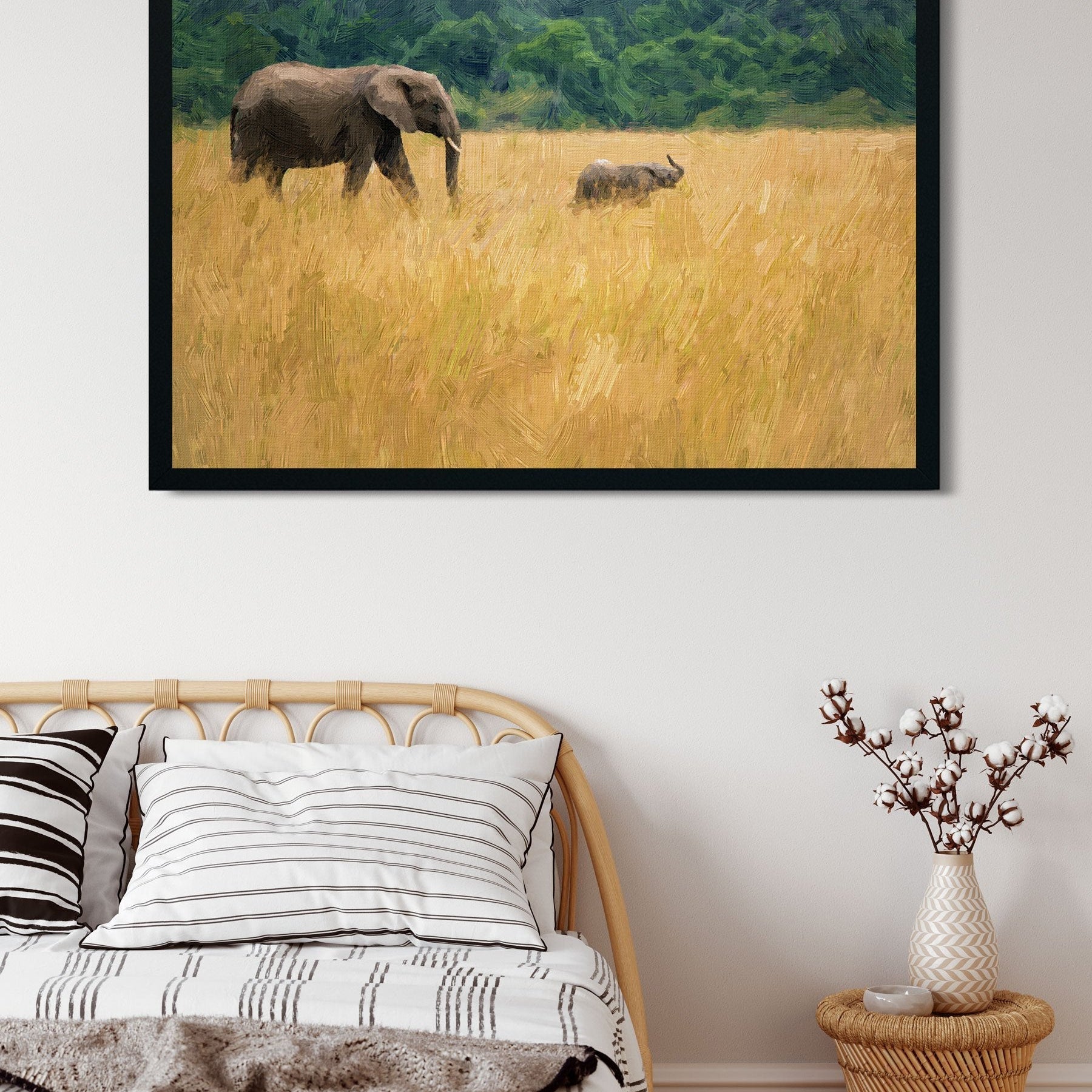 Elephant mother and baby on a nature with mountains painting - Meri Deewar 3 : 2 Horizontal Premium Wall Art Canvas by MeriDeewar