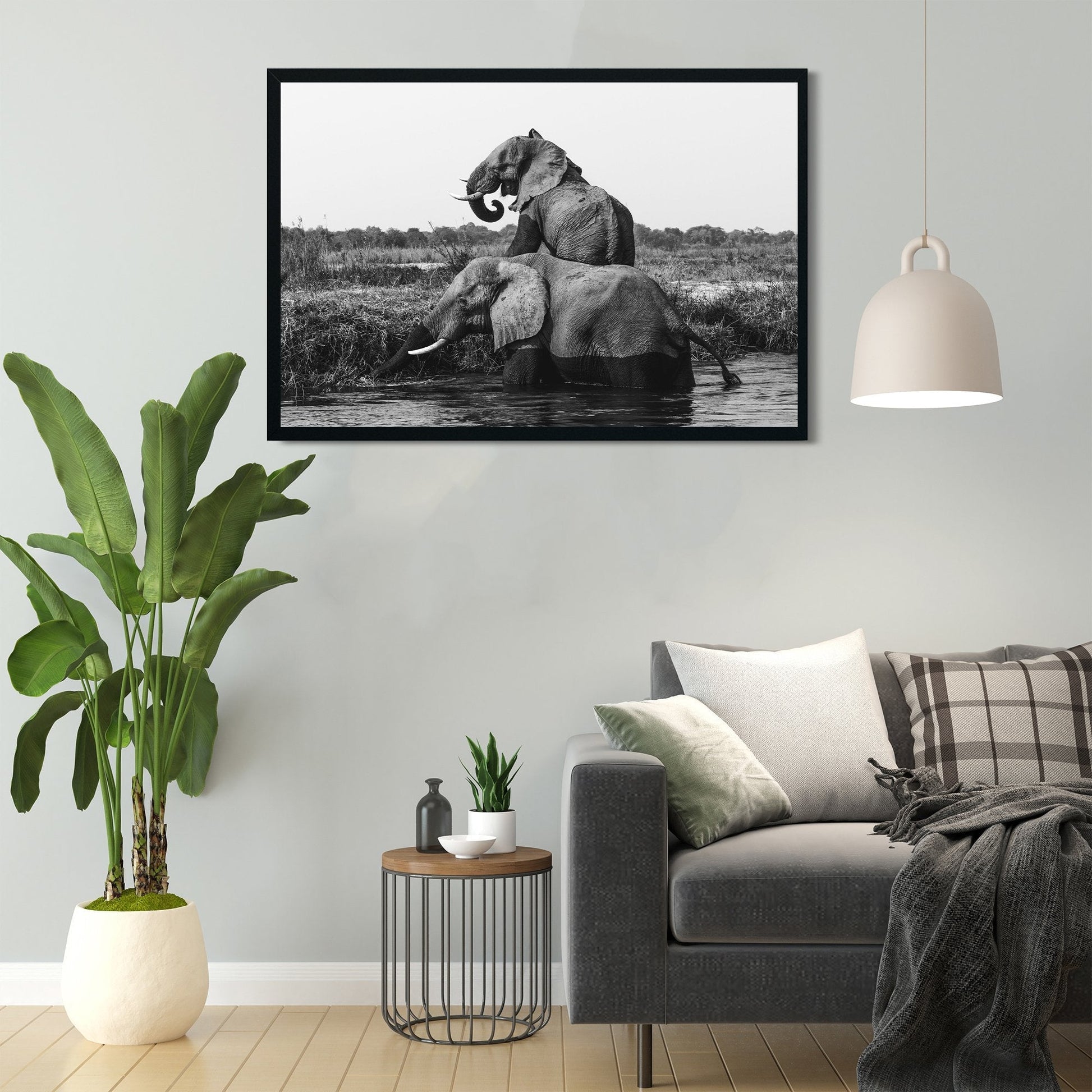 Elephant playing in water painting - Meri Deewar 3 : 2 Horizontal Premium Wall Art Canvas by MeriDeewar