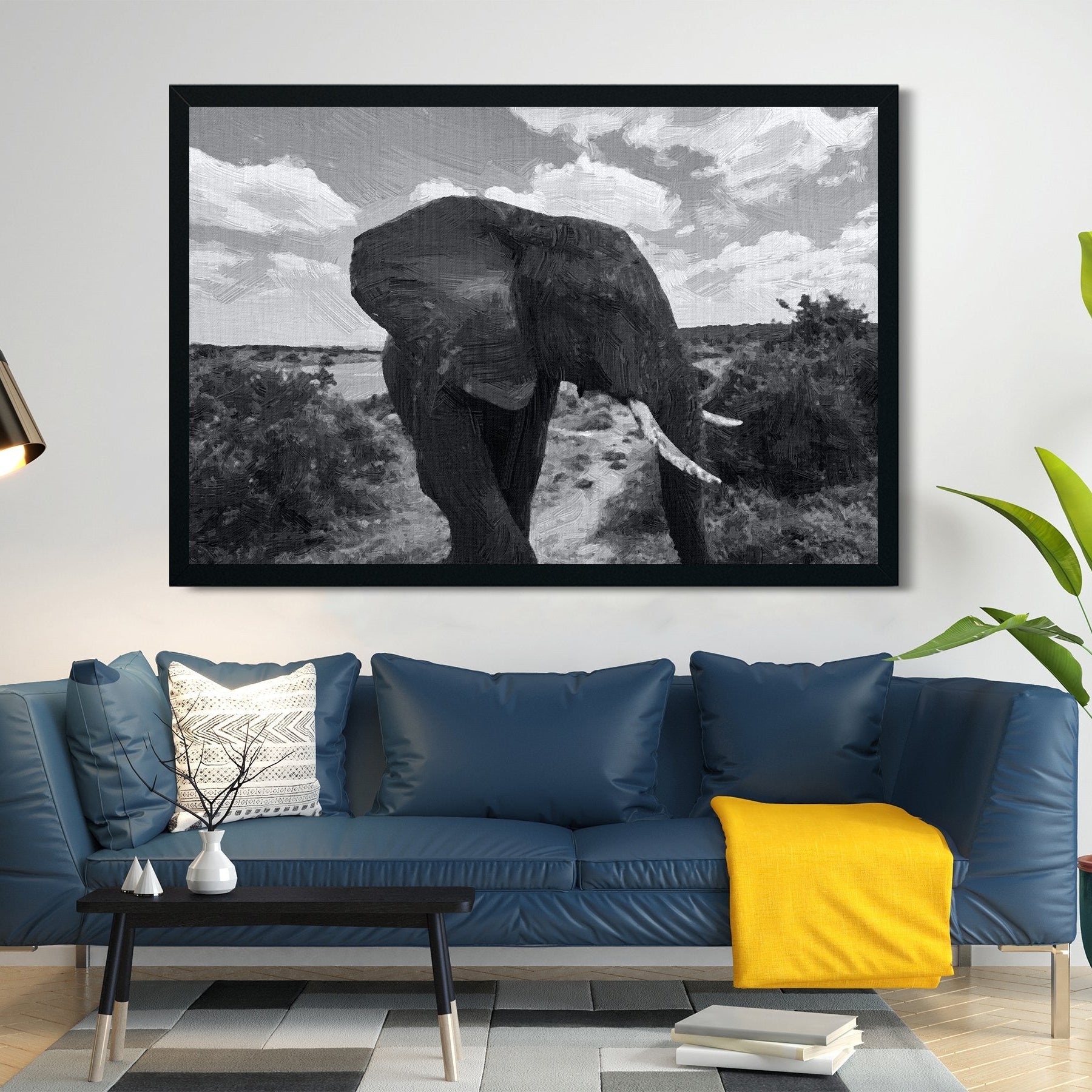 Elephants in black and white painting - Meri Deewar 3 : 2 Horizontal Premium Wall Art Canvas by MeriDeewar