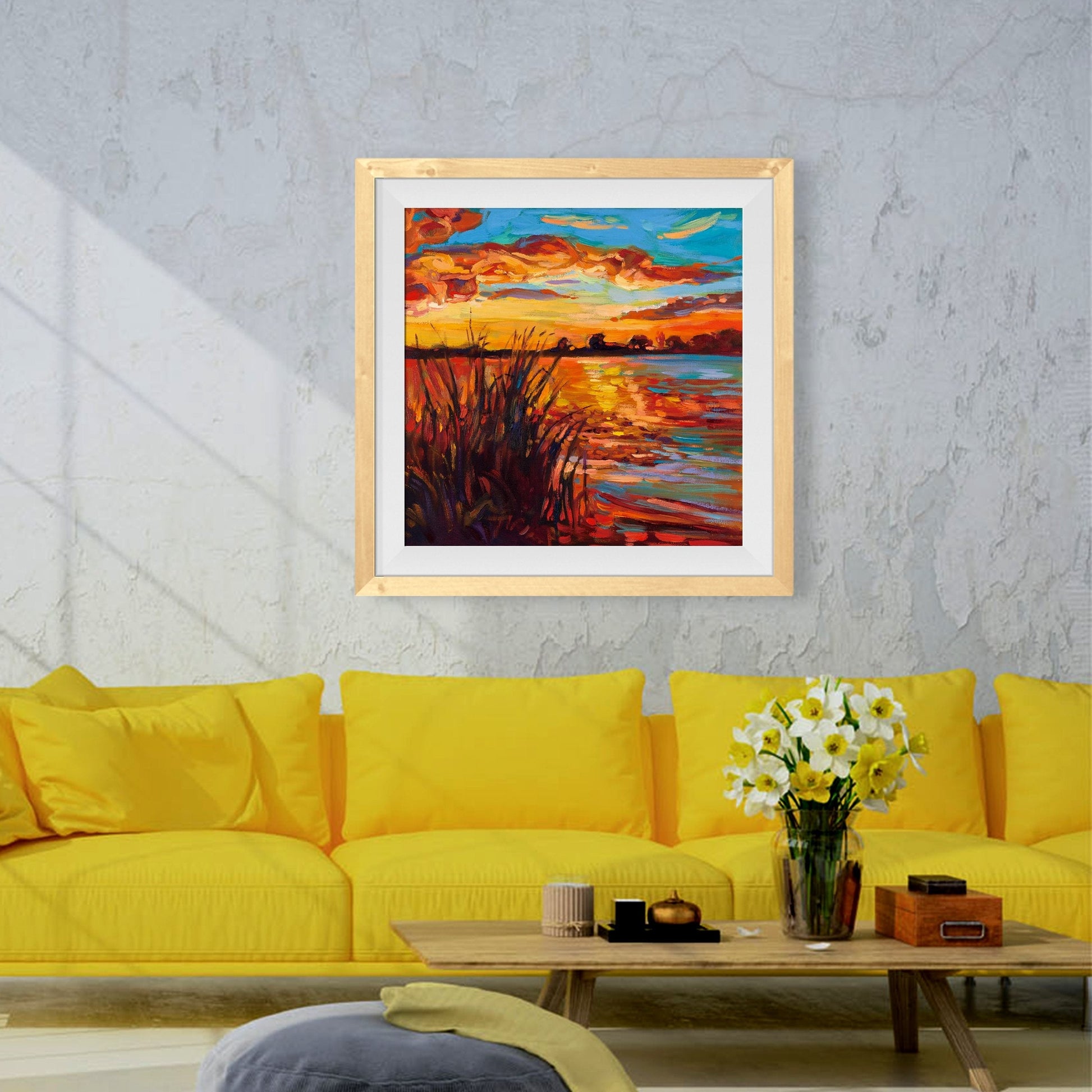 Evening by the lake wall art Painting - Meri Deewar 1 : 1 Square Premium Wall Art Canvas by MeriDeewar