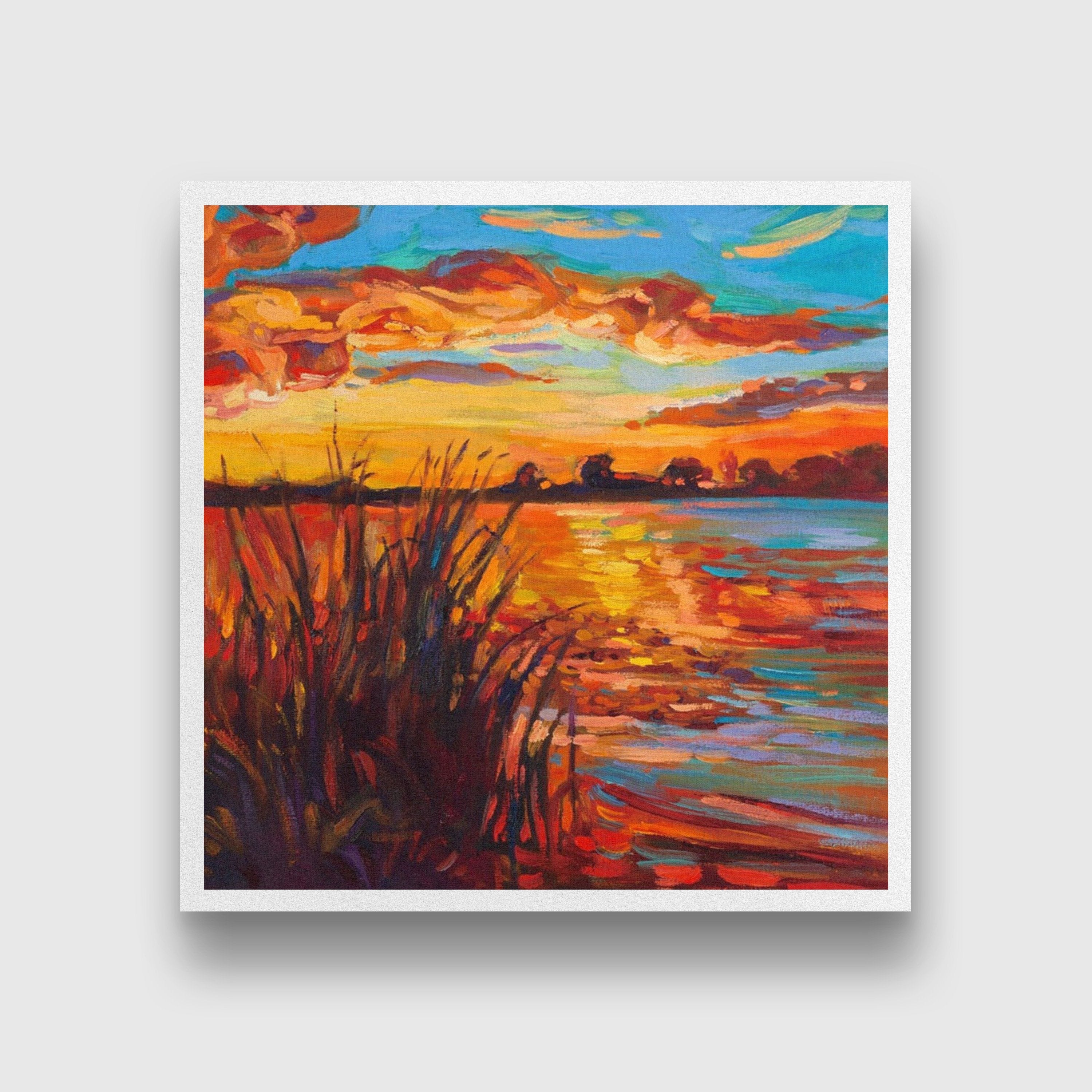 Evening by the lake wall art Painting - Meri Deewar 1 : 1 Square Premium Wall Art Canvas by MeriDeewar