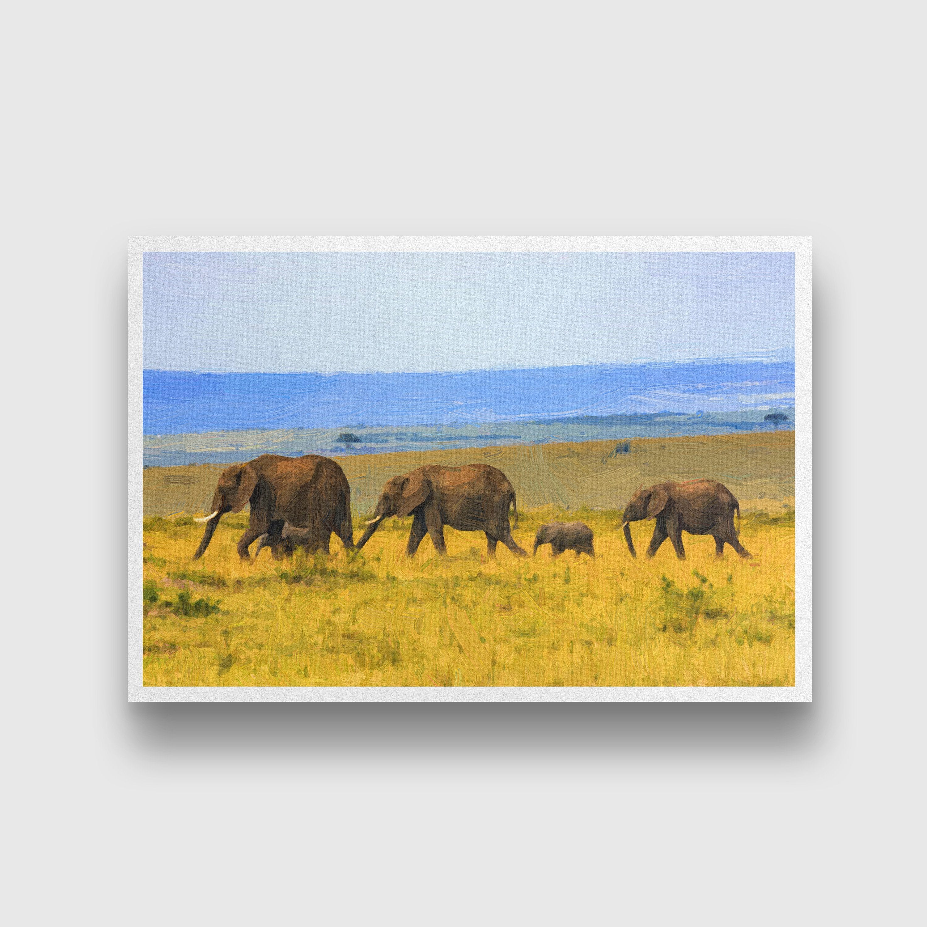 Family of Elephants on the Move Painting - Meri Deewar 3 : 2 Horizontal Premium Wall Art Canvas by MeriDeewar