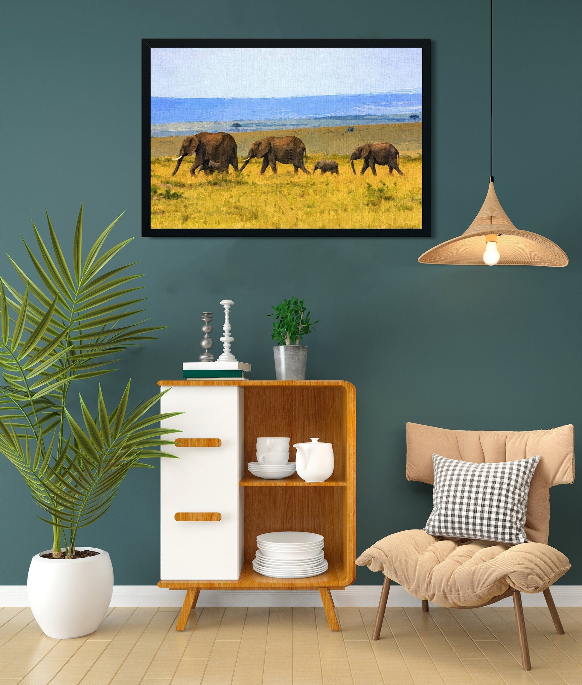 Family of Elephants on the Move Painting - Meri Deewar 3 : 2 Horizontal Premium Wall Art Canvas by MeriDeewar