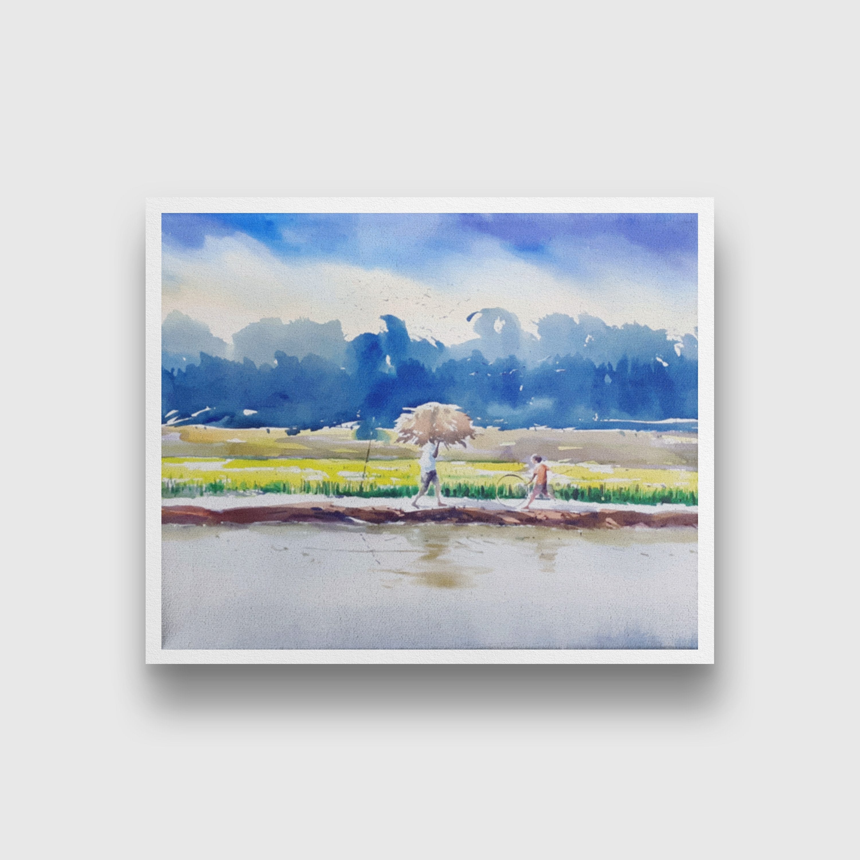 Farm Watercolour Landscape Painting - Meri Deewar 5 : 4 Horizontal Premium Wall Art Canvas by MeriDeewar