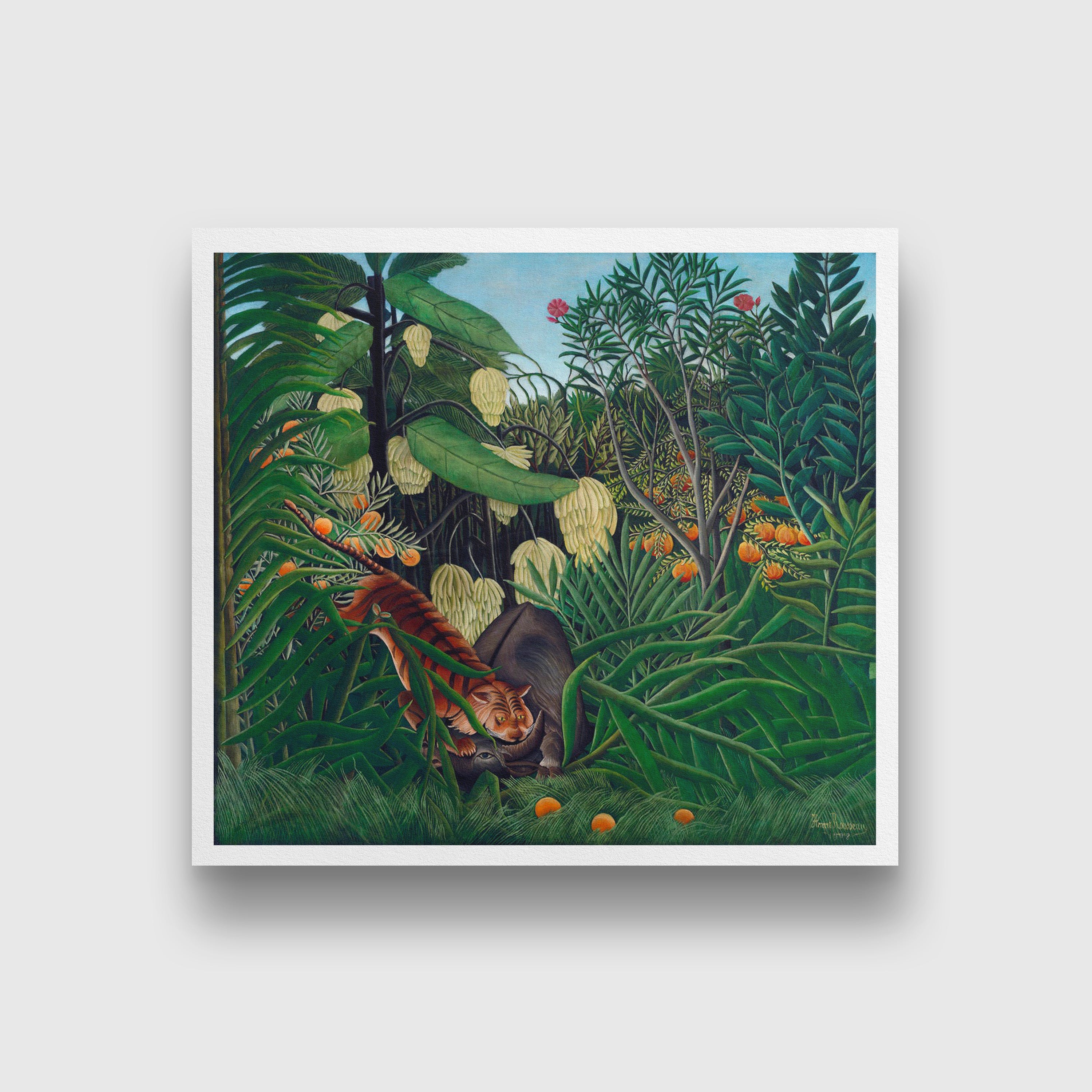 Fight between a Tiger and a Buffalo painting - Meri Deewar 1 : 1 Square Premium Wall Art Canvas by MeriDeewar