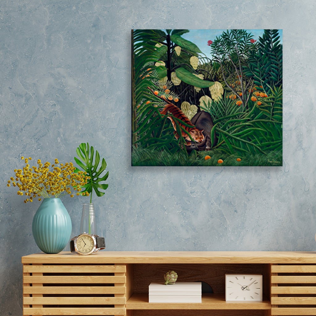 Fight between a Tiger and a Buffalo painting - Meri Deewar 1 : 1 Square Premium Wall Art Canvas by MeriDeewar