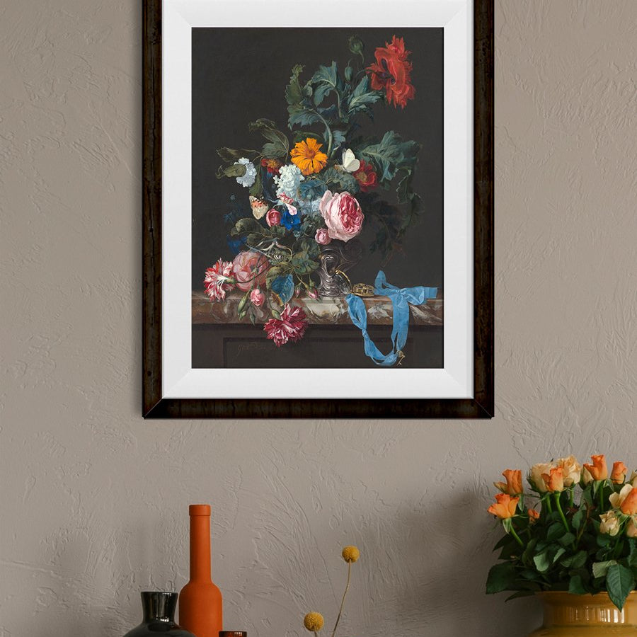 Flower Still Life with a Timepiece Painting - Meri Deewar 3 : 4 Vertical Premium Wall Art Canvas by MeriDeewar