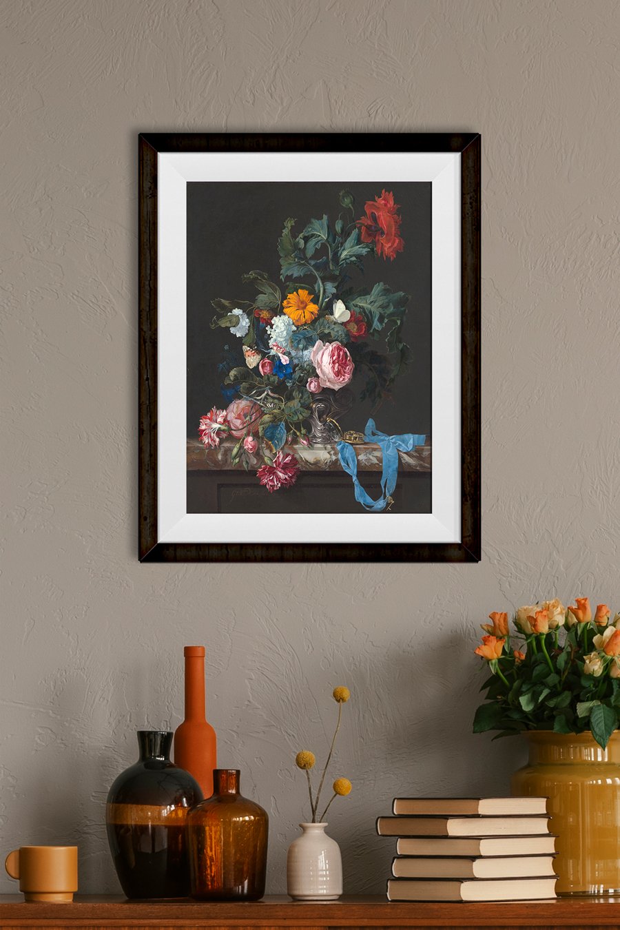 Flower Still Life with a Timepiece Painting - Meri Deewar 3 : 4 Vertical Premium Wall Art Canvas by MeriDeewar