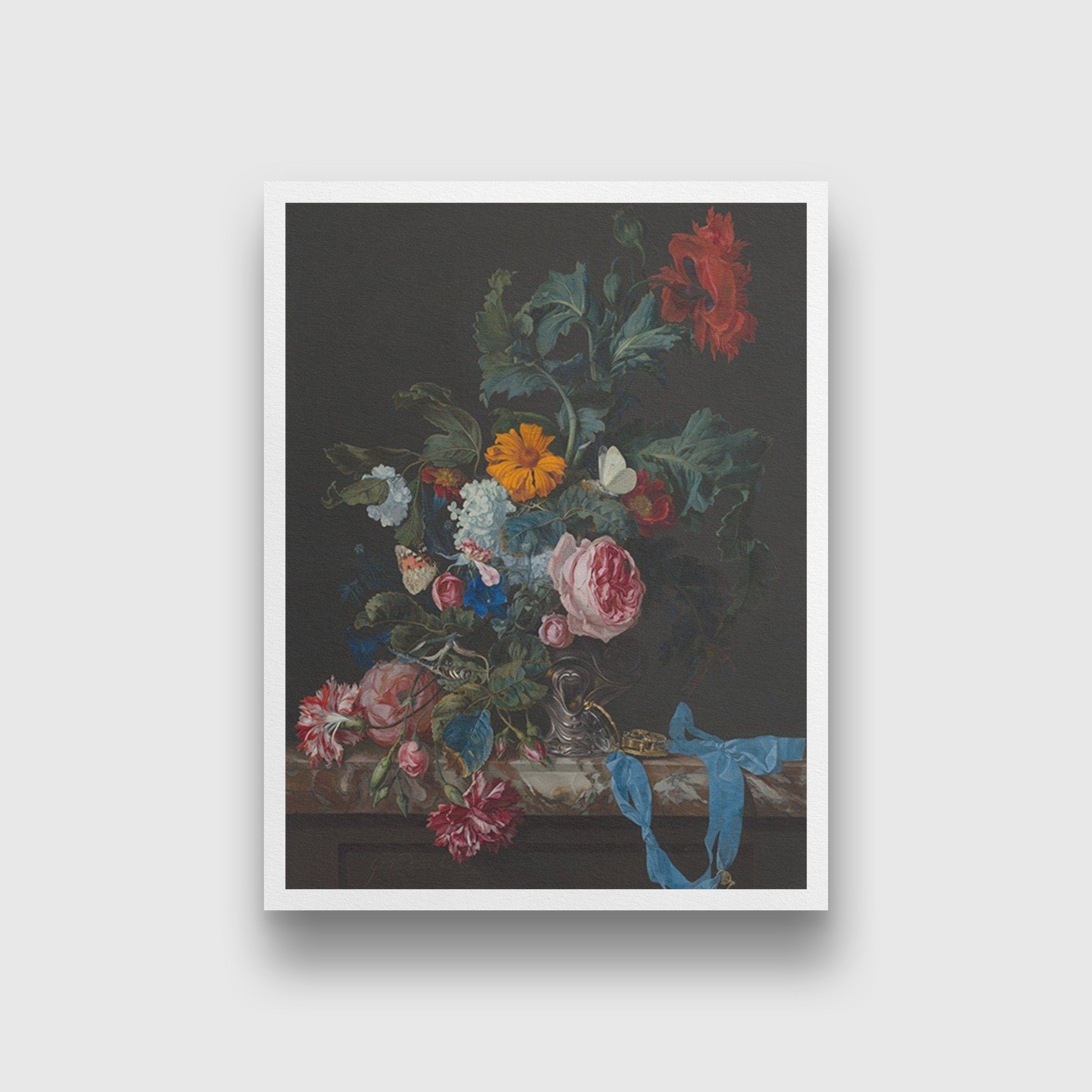 Flower Still Life with a Timepiece Painting - Meri Deewar 3 : 4 Vertical Premium Wall Art Canvas by MeriDeewar