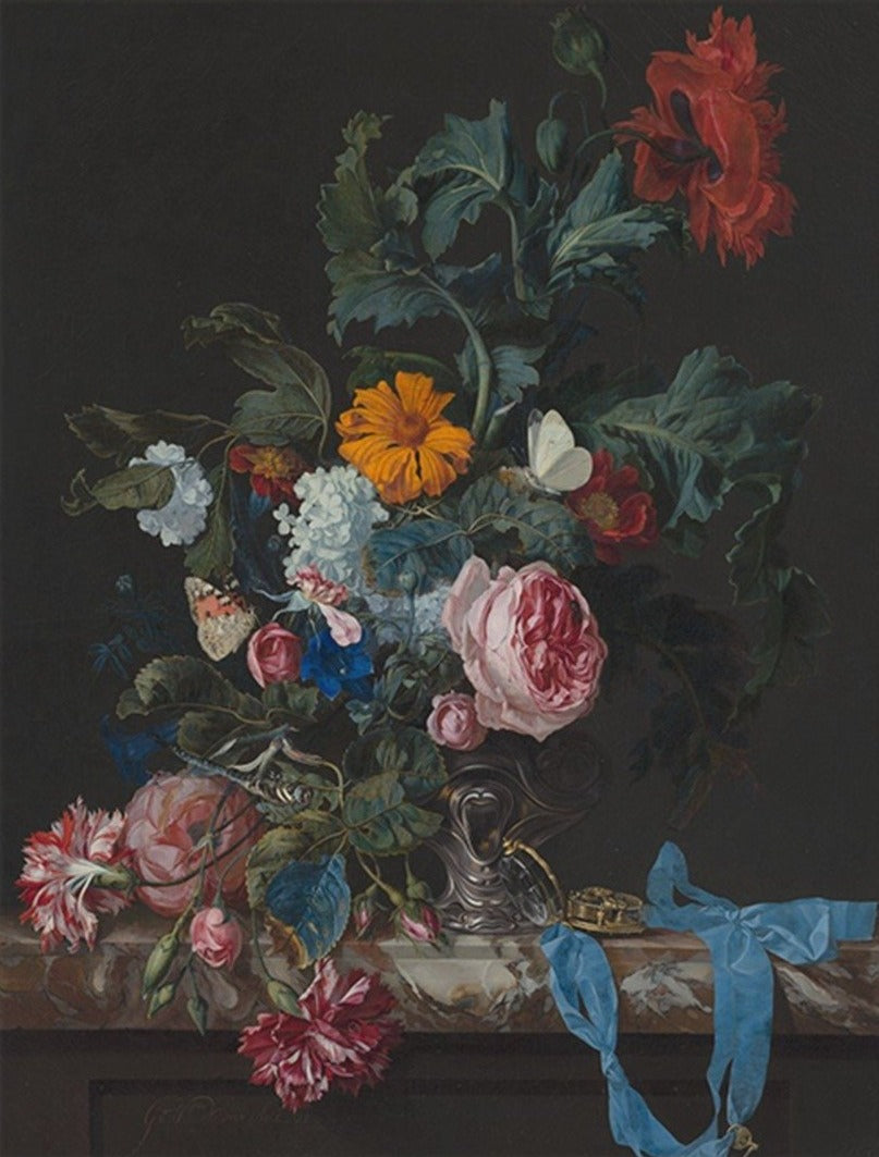 Flower Still Life with a Timepiece Painting - Meri Deewar 3 : 4 Vertical Premium Wall Art Canvas by MeriDeewar