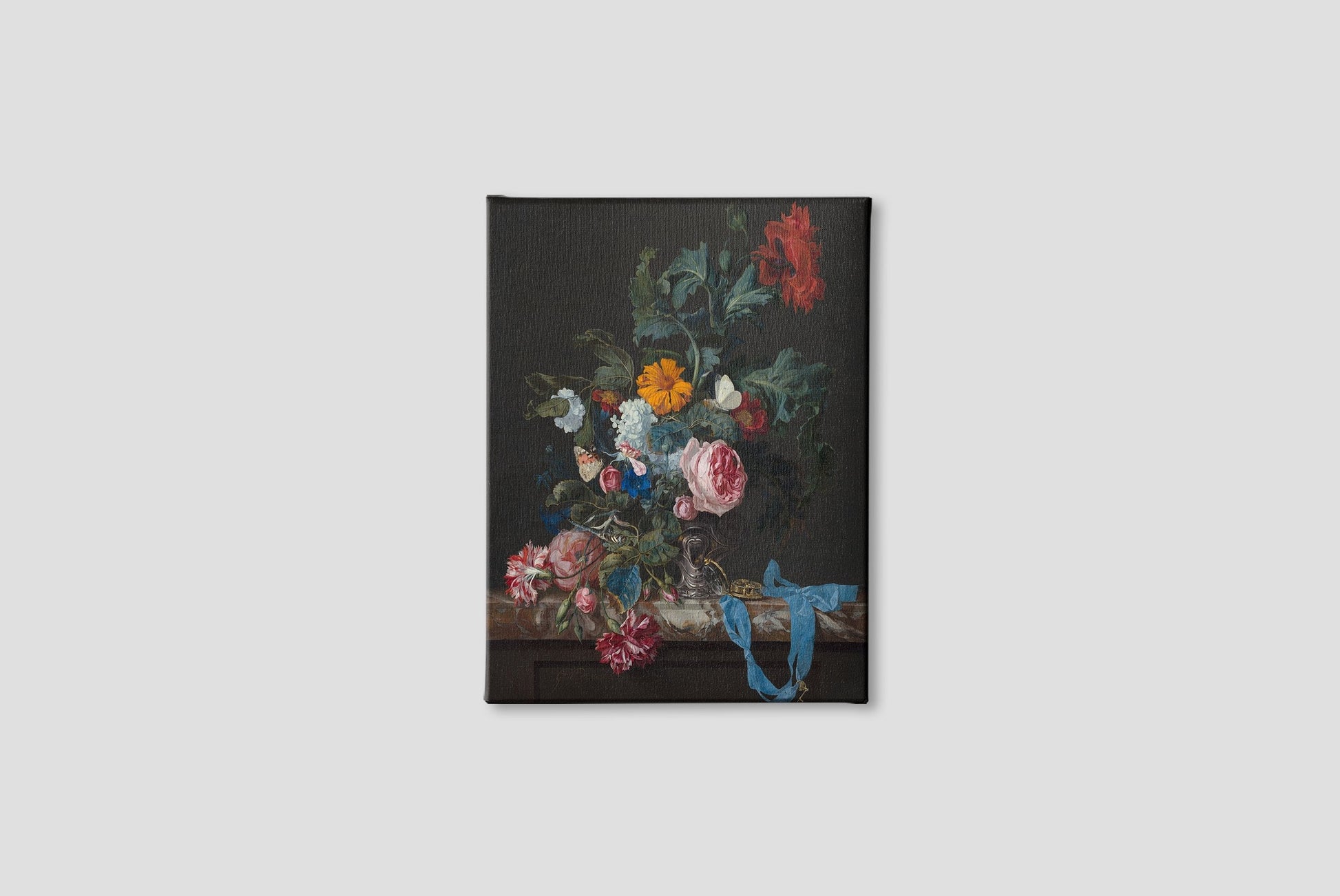 Flower Still Life with a Timepiece Painting - Meri Deewar 3 : 4 Vertical Premium Wall Art Canvas by MeriDeewar