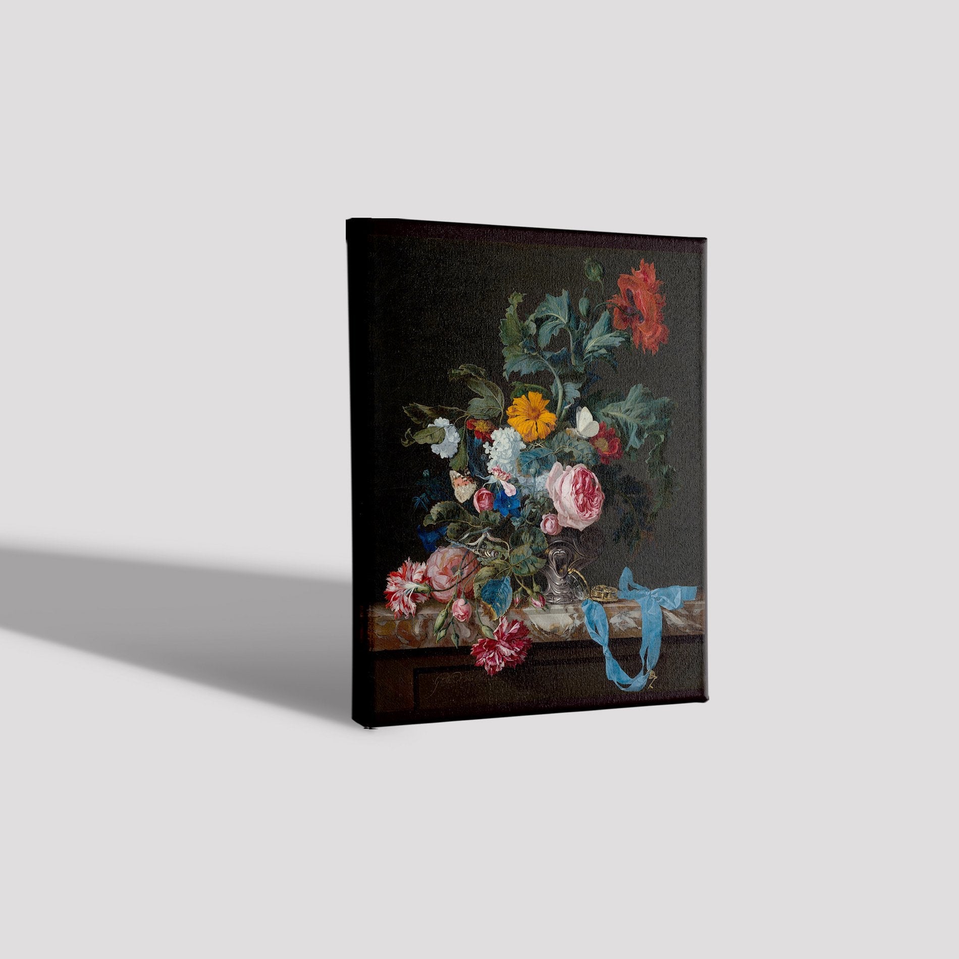 Flower Still Life with a Timepiece Painting - Meri Deewar 3 : 4 Vertical Premium Wall Art Canvas by MeriDeewar