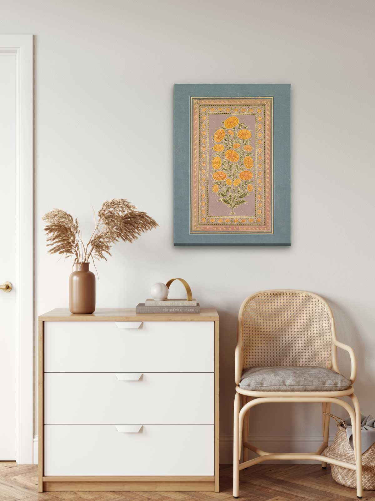 Flowering Marigold Trade with the Portuguese Painting 4 X 5.5 Vertical Premium Wall Art Canvas by MeriDeewar