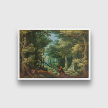 Forest Landscape With Stag Hunt Painting - Meri Deewar 3 : 2 Horizontal Premium Wall Art Canvas by MeriDeewar