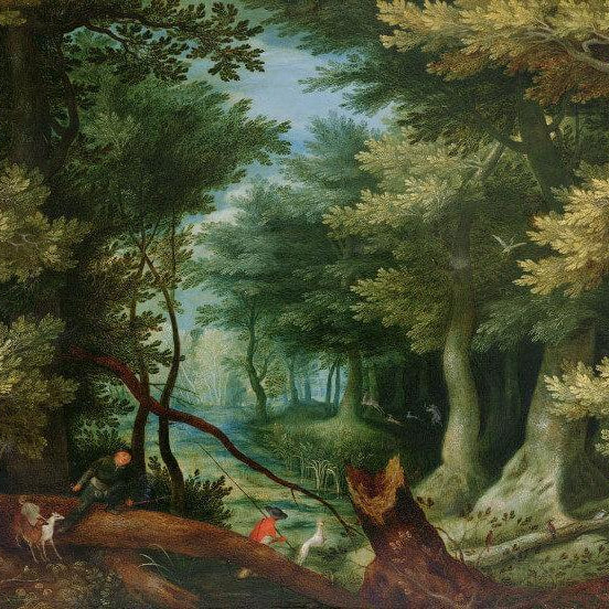 Forest Landscape With Stag Hunt Painting - Meri Deewar 3 : 2 Horizontal Premium Wall Art Canvas by MeriDeewar