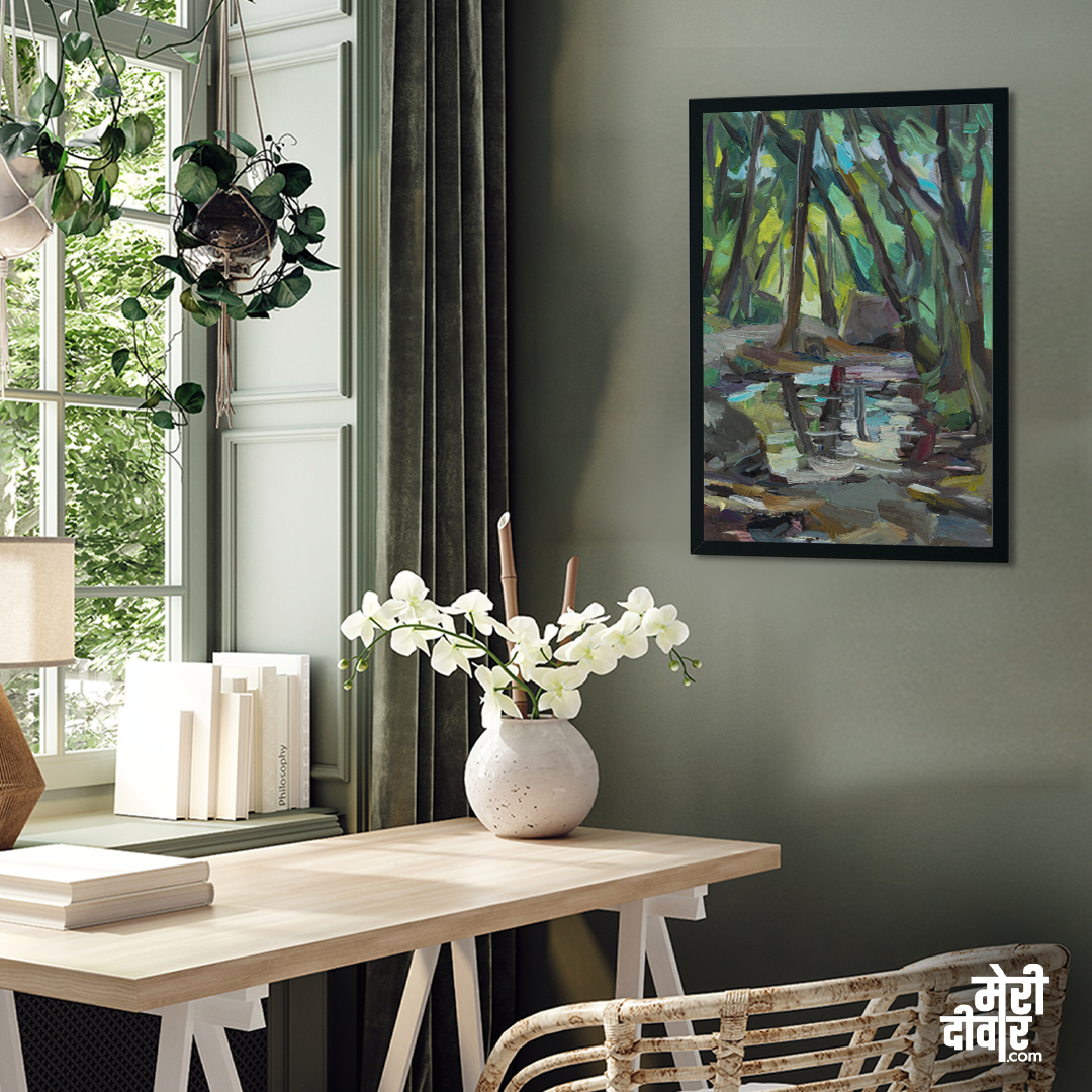 Forest River Oil Painting 2 : 3 Vertical Premium Wall Art Canvas by MeriDeewar