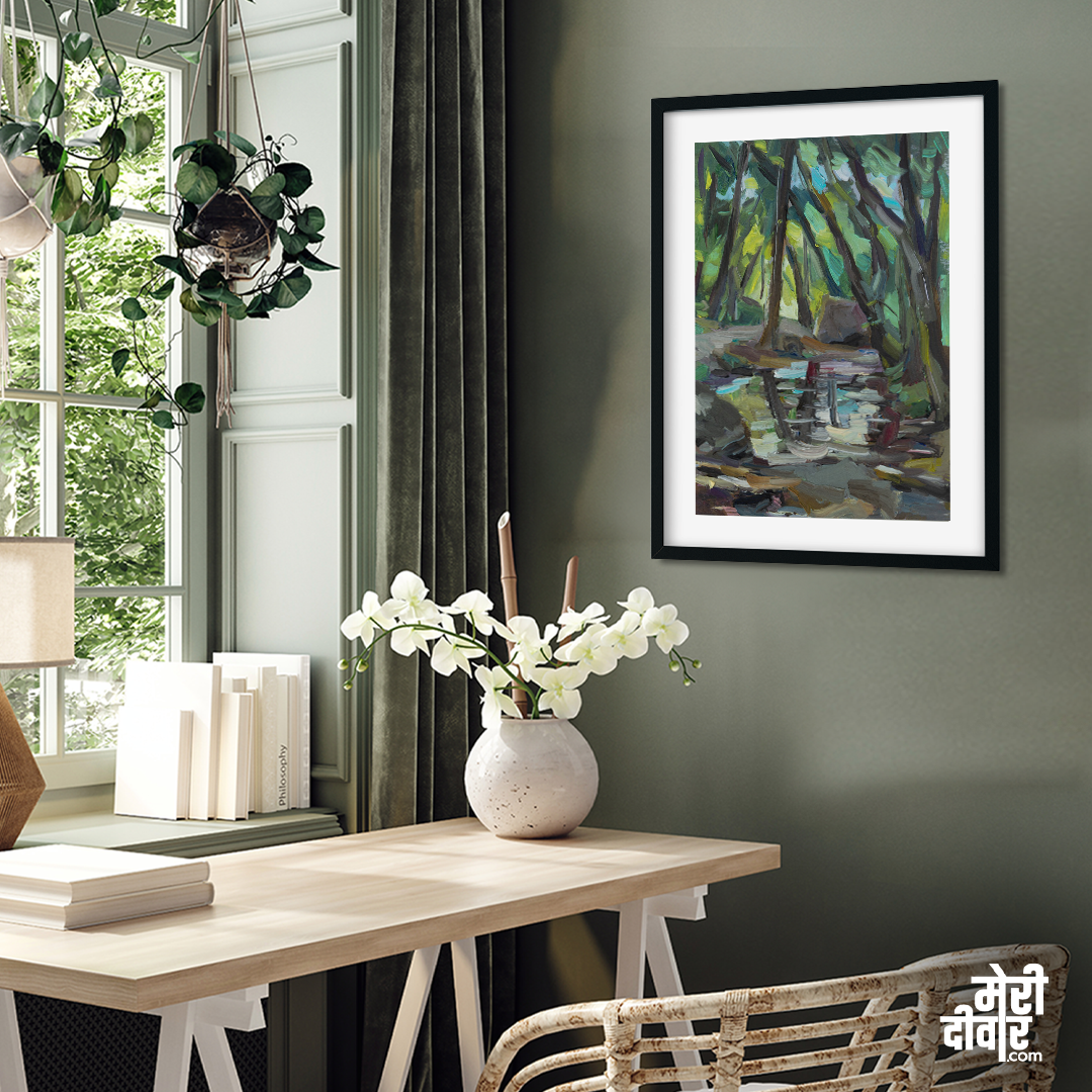 Forest River Oil Painting 2 : 3 Vertical Premium Wall Art Canvas by MeriDeewar