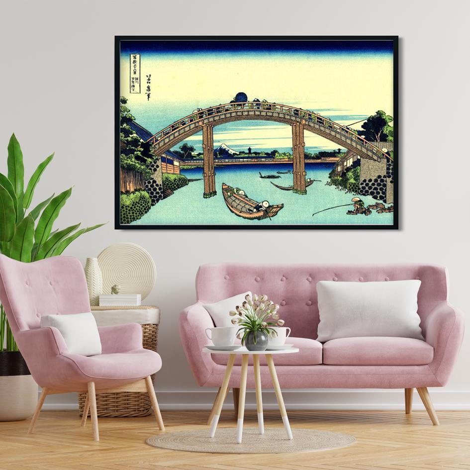 fuji seen through the mannen bridge at fukagawa Painting - Meri Deewar 3 : 2 Horizontal Premium Wall Art Canvas by MeriDeewar