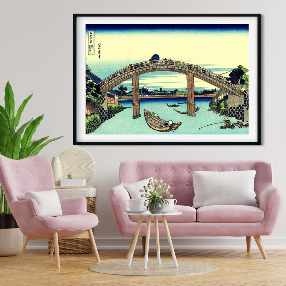 fuji seen through the mannen bridge at fukagawa Painting - Meri Deewar 3 : 2 Horizontal Premium Wall Art Canvas by MeriDeewar