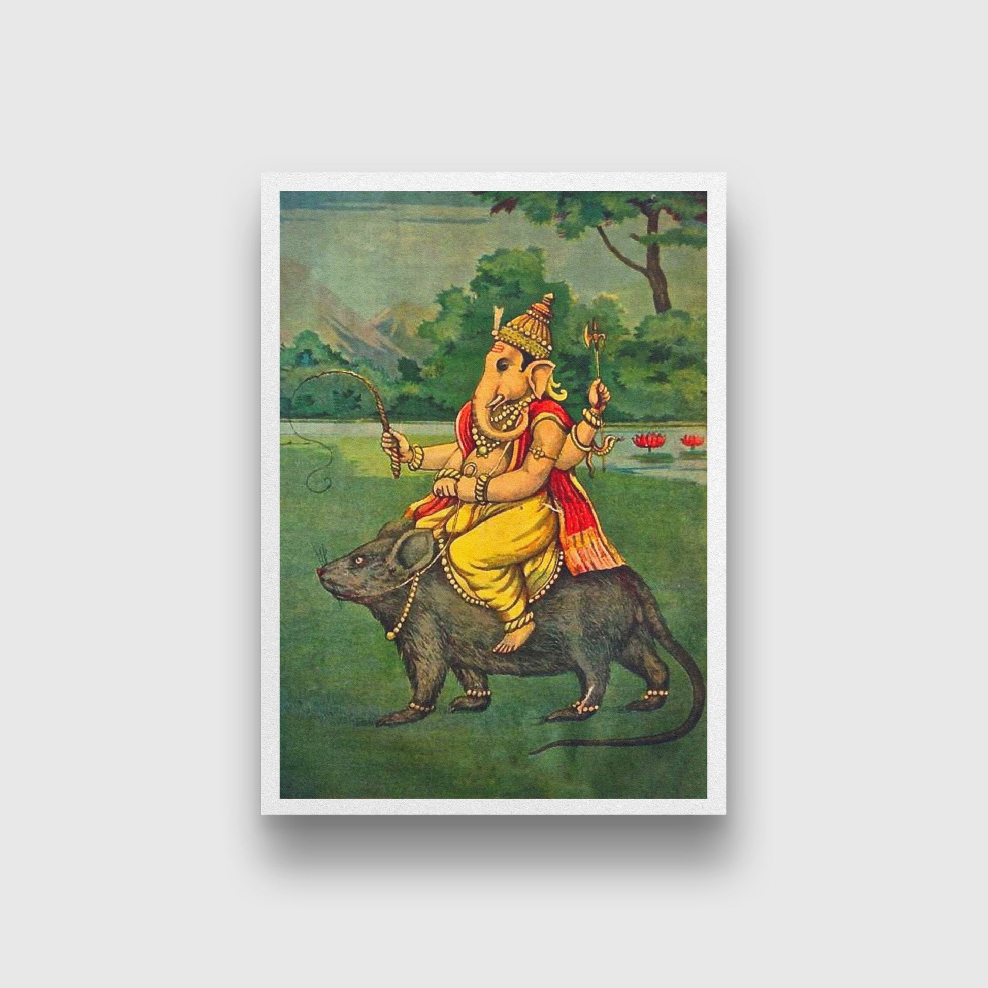 Ganesh On His Vahana Made By Raja Ravi Varma Painting - Meri Deewar 3 : 4.2 Vertical Premium Wall Art Canvas by MeriDeewar