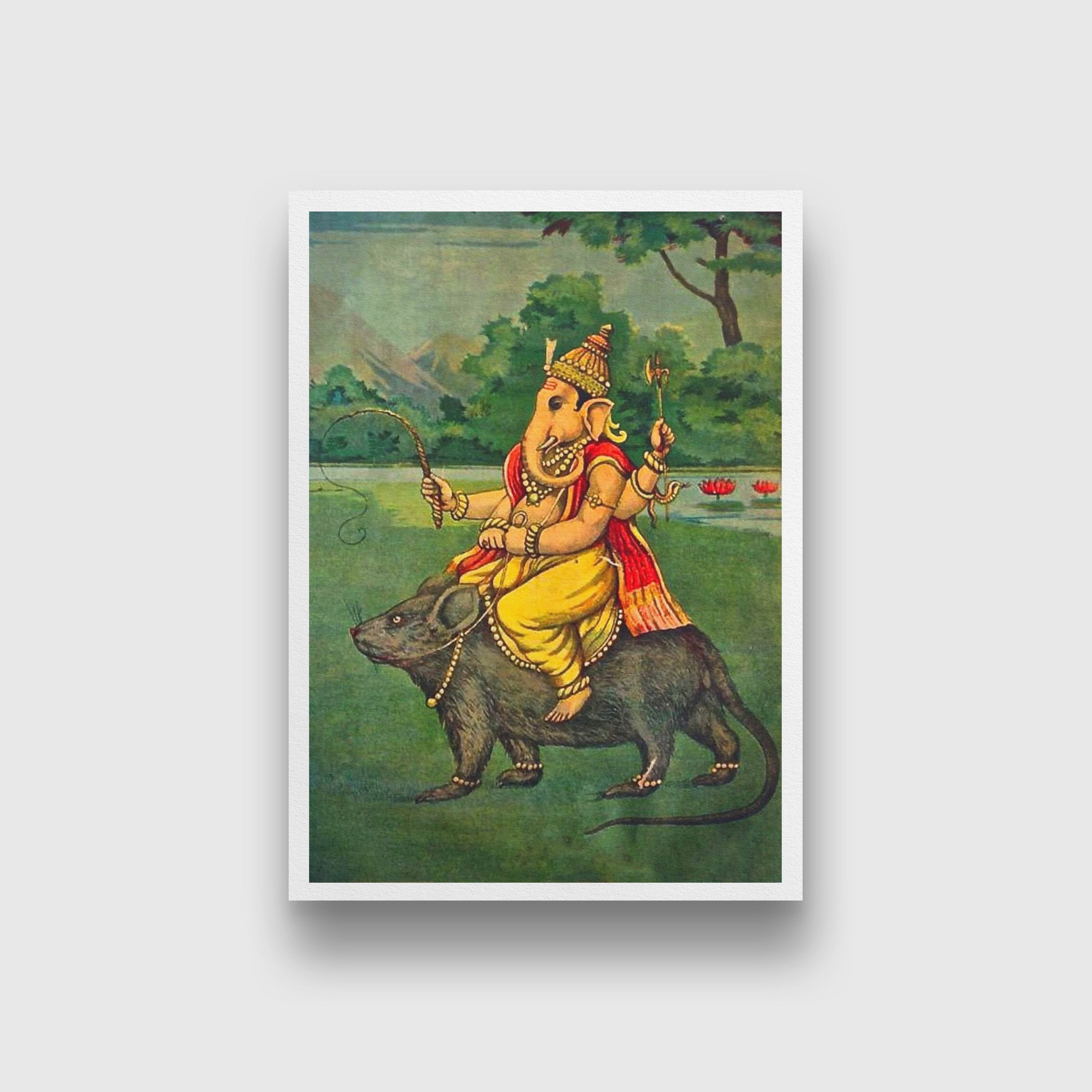 Ganesh On His Vahana Made By Raja Ravi Varma Painting - Meri Deewar 3 : 4.2 Vertical Premium Wall Art Canvas by MeriDeewar